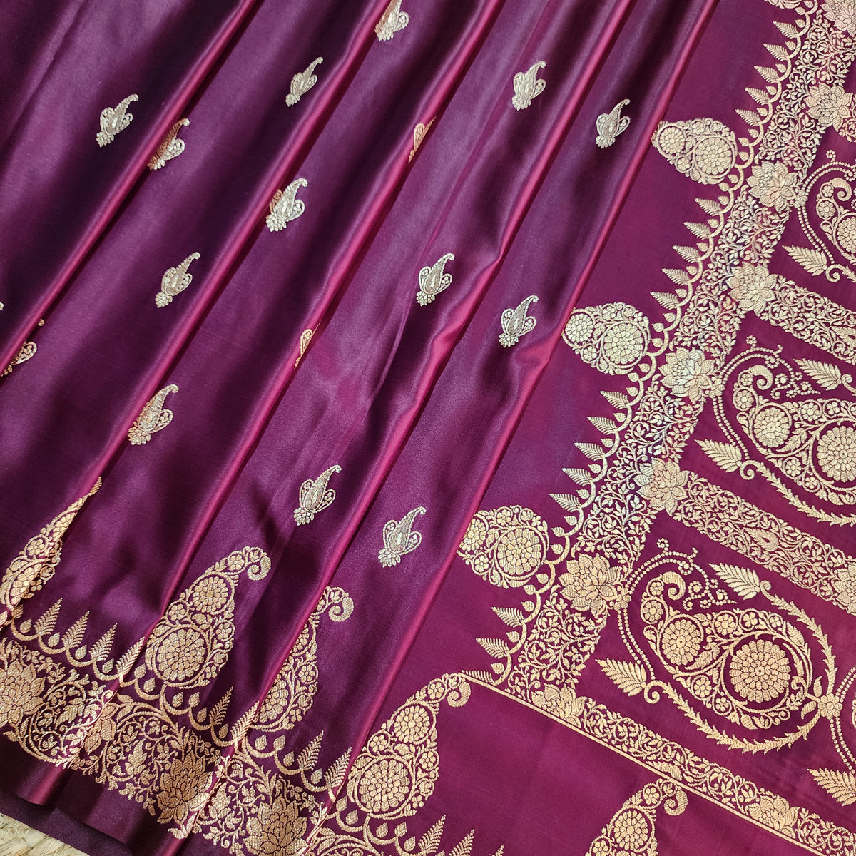 Wine Paisley Katan Silk Saree with Gold Zari