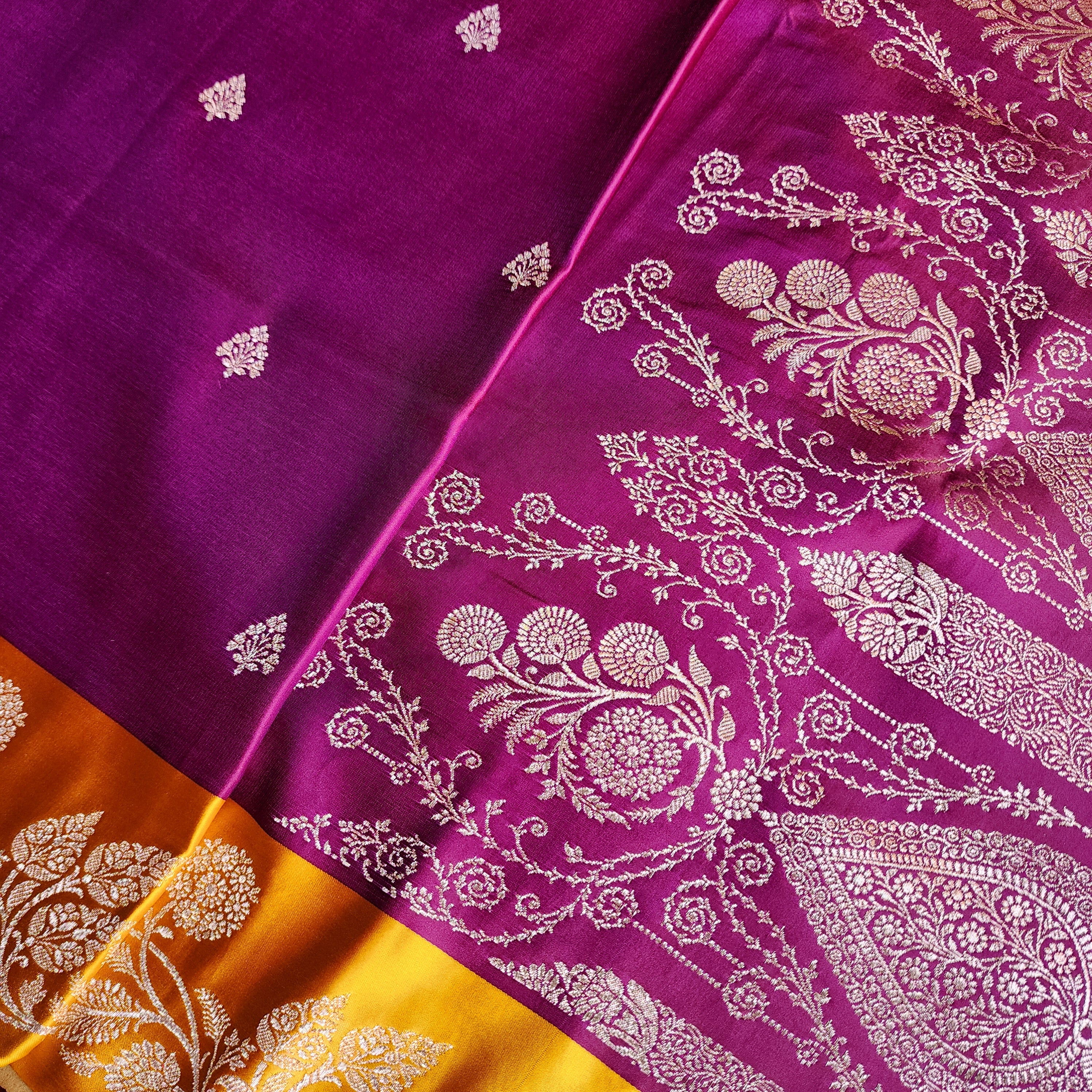 Wine Maroon Pure Banarasi Katan Silk Saree with Mustard Yellow Border