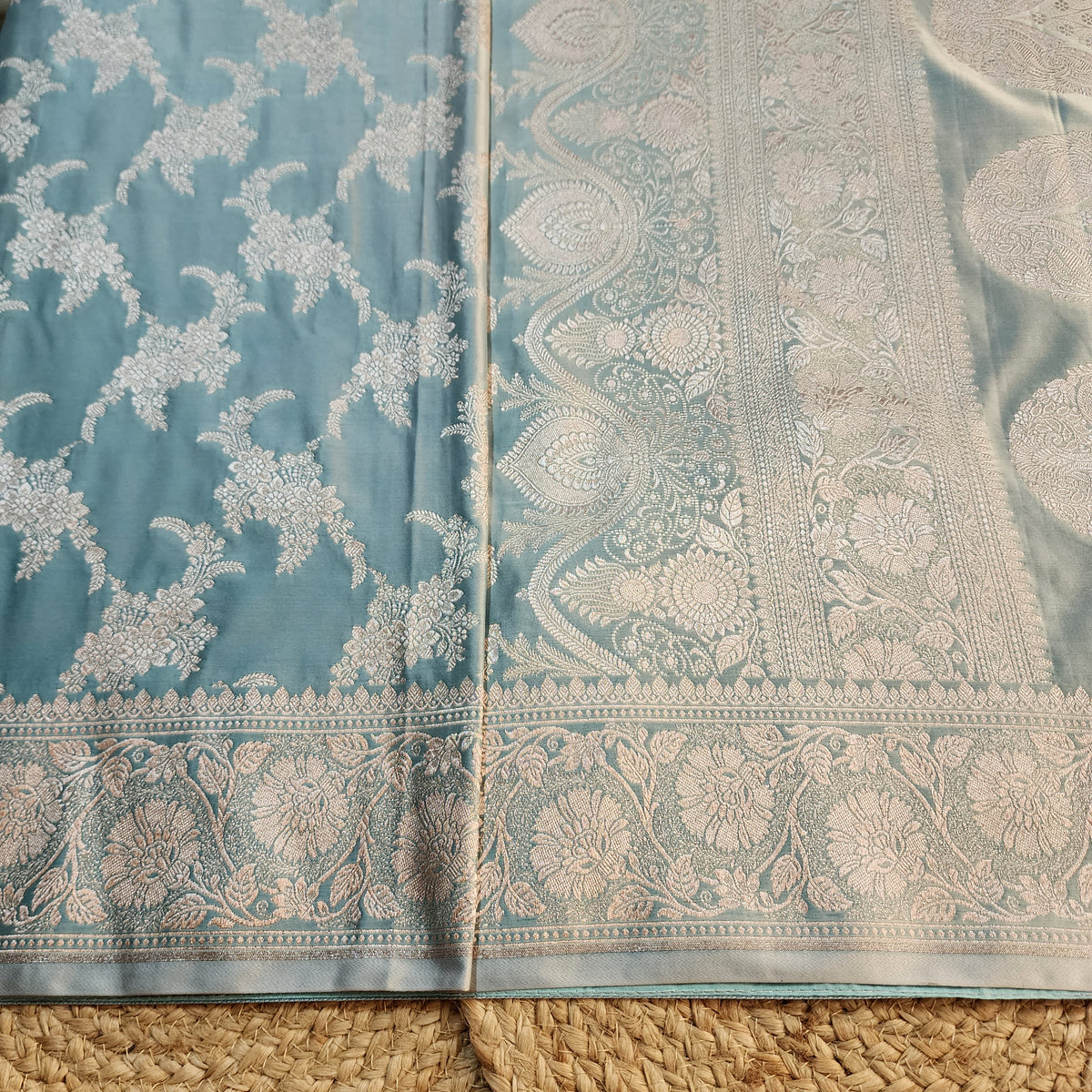 Dusty Blue Banarasi Katan Silk Saree with Floral Vine Jaal