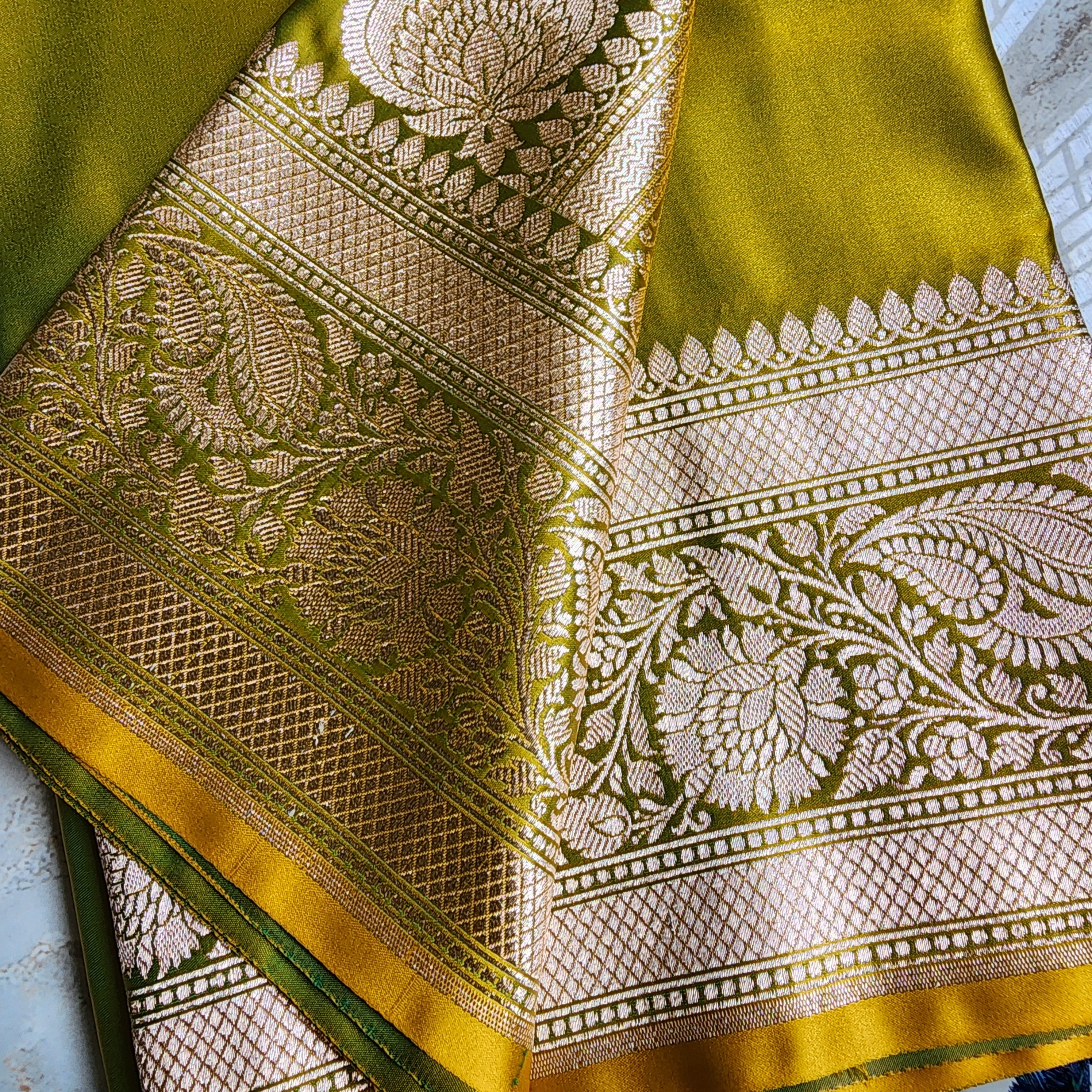 Olive Green Pure Banarasi Katan Silk Saree with light Gold Zari Weaving