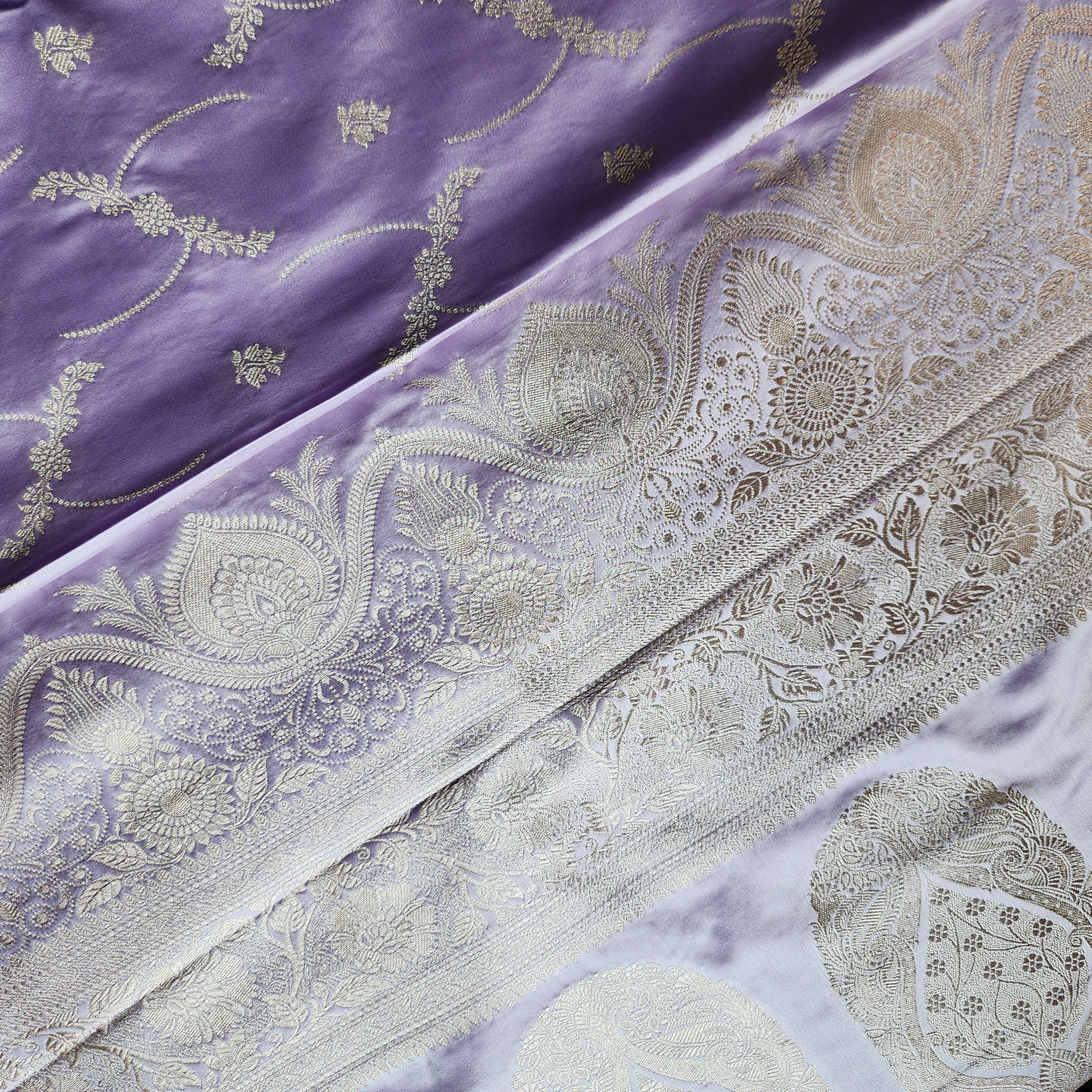 Pastel Lavender Grey Banarasi Katan Silk Saree with Light Gold Zari weaving