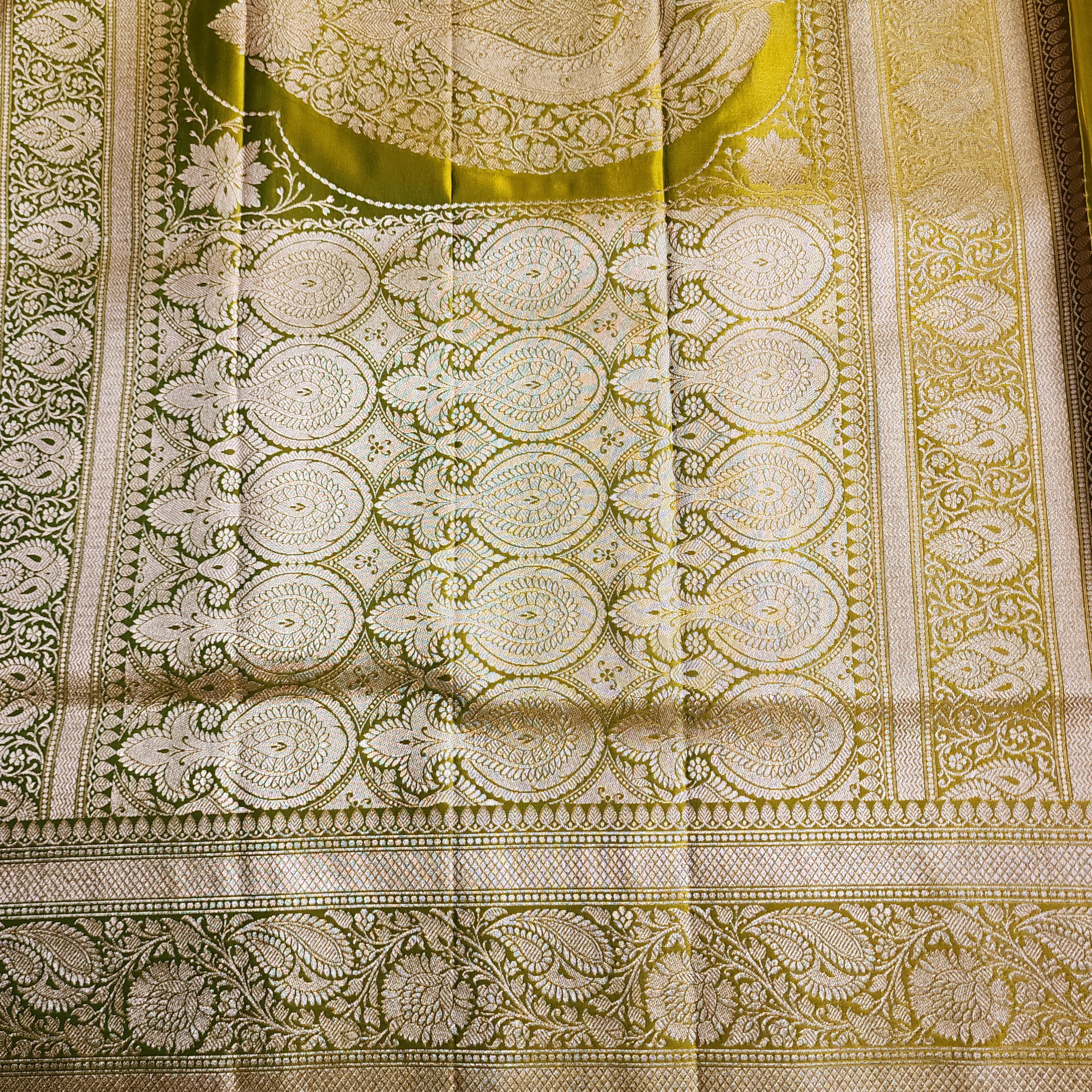 Olive Green Pure Banarasi Katan Silk Saree with light Gold Zari Weaving