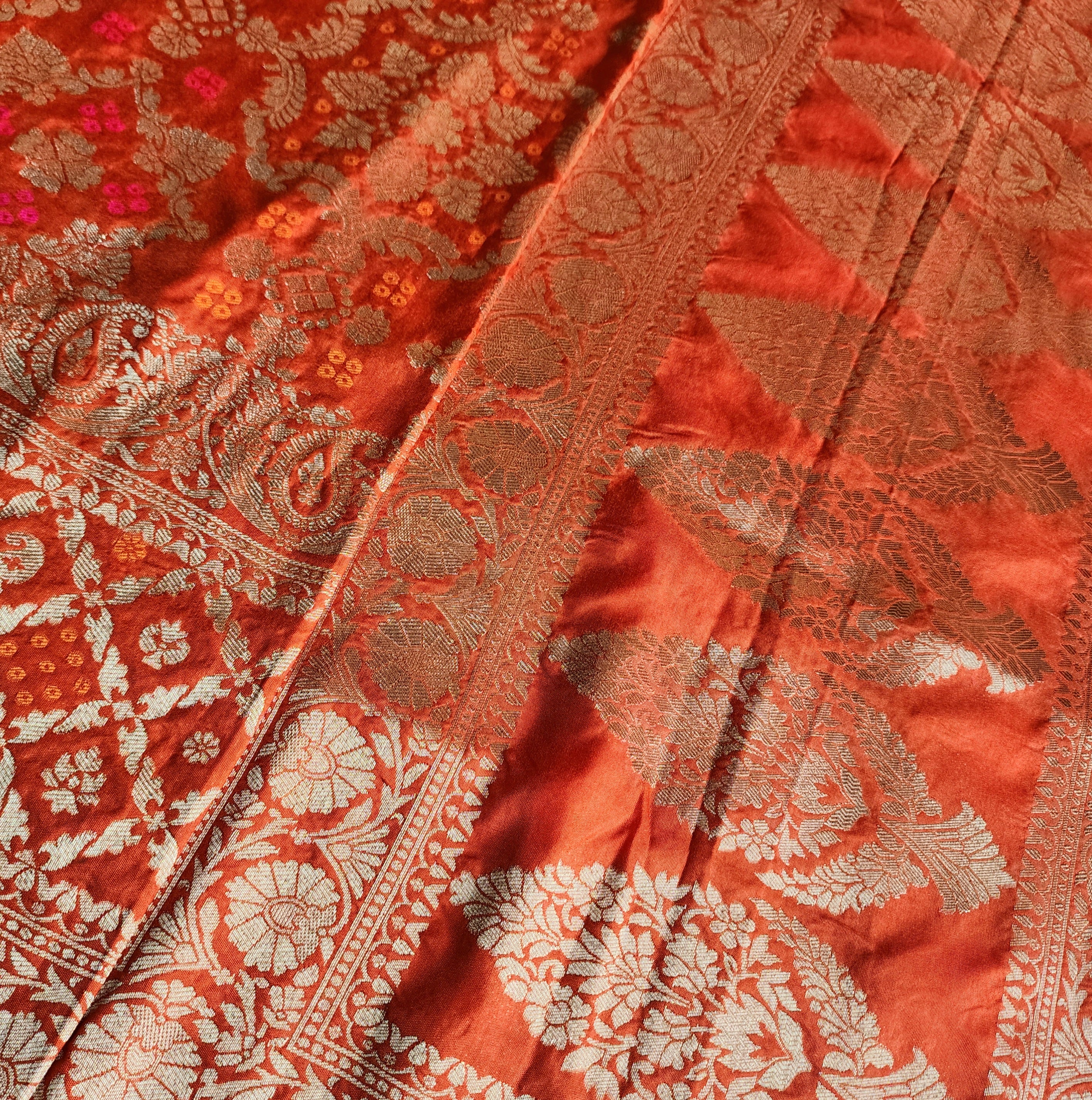 Burnt Orange Bandhani Dupatta with Floral and Geometric Zari Weave