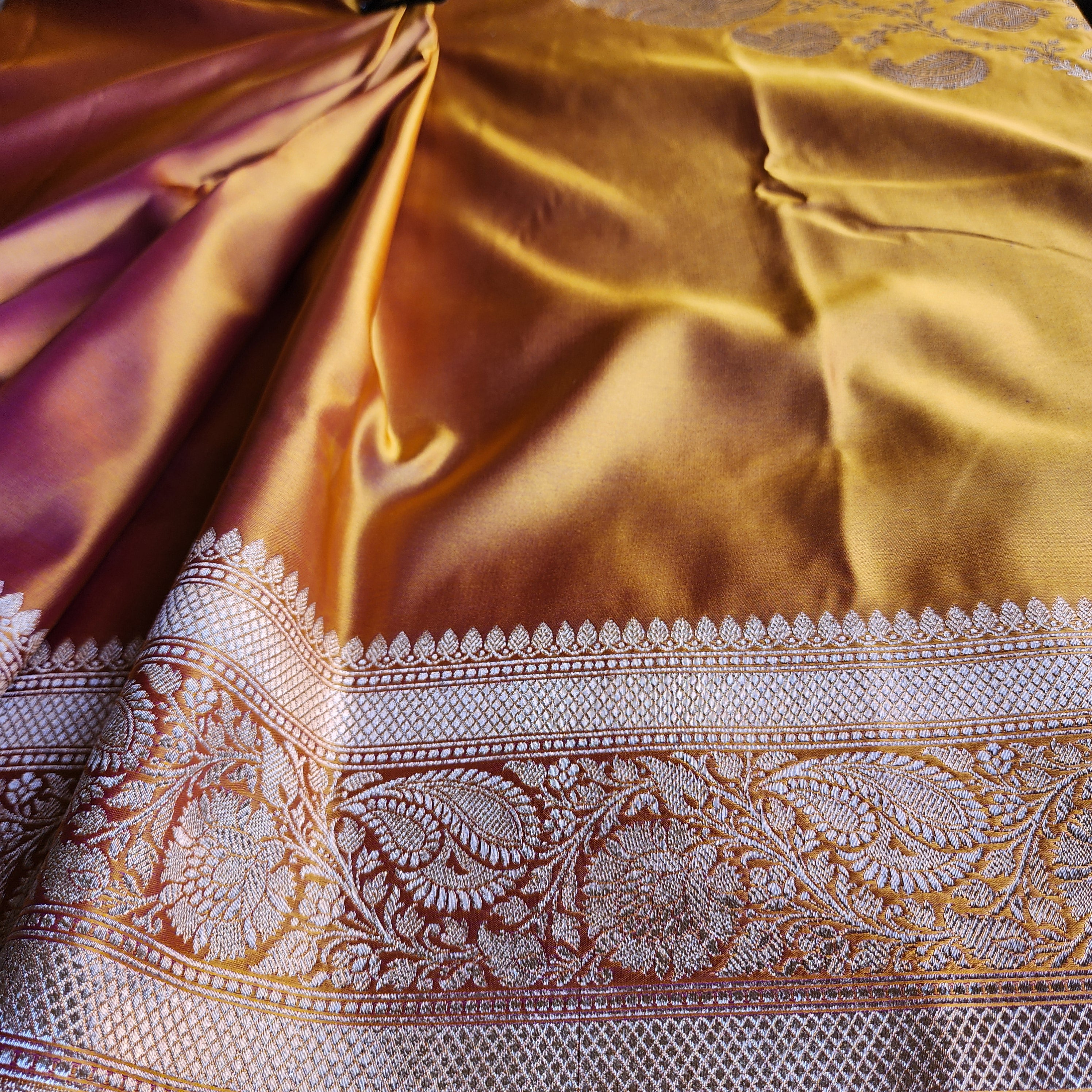 Rich Mustard Yellow Pure Banarasi Katan Silk Saree with light Gold Zari Weaving