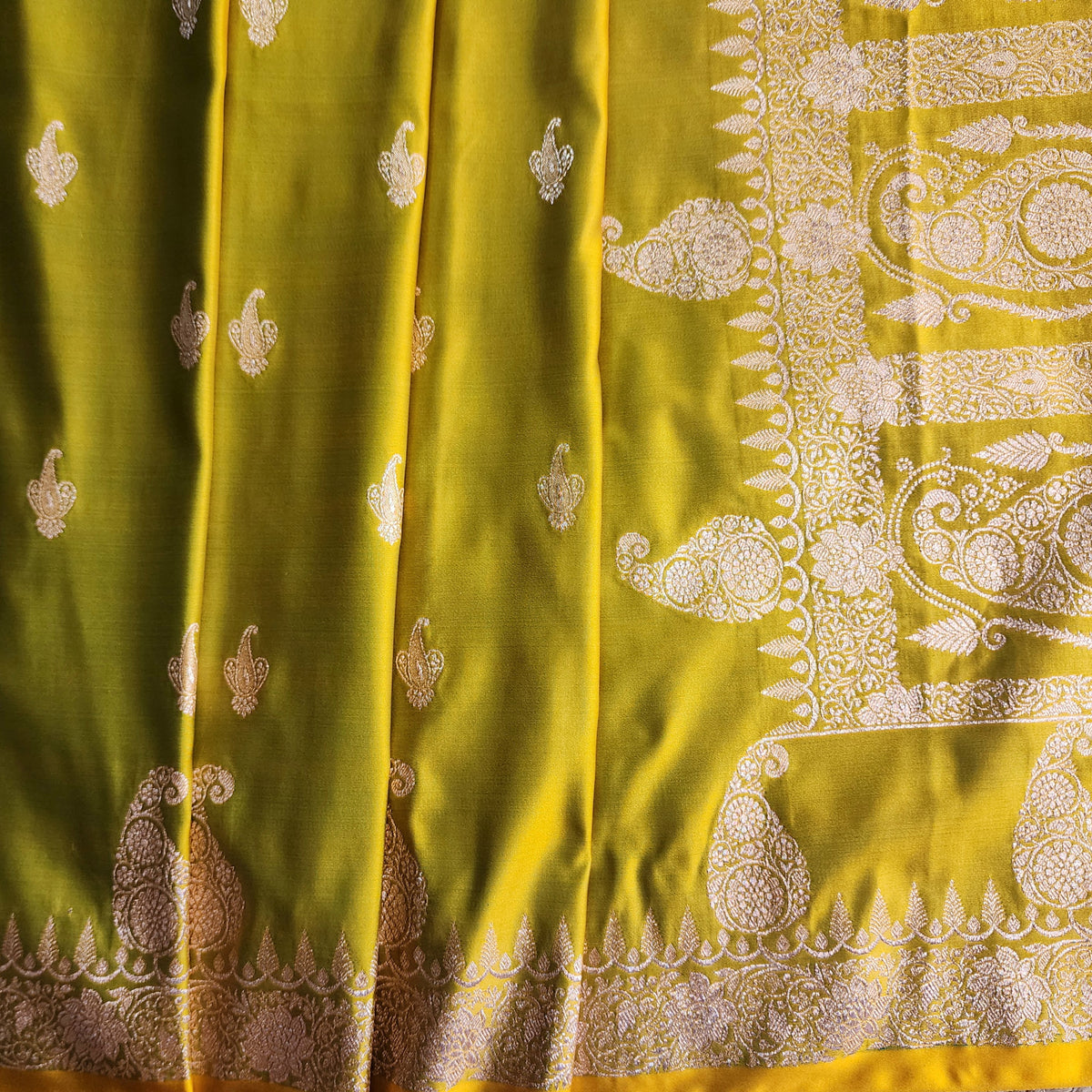 Lime Green Paisley Katan Silk Saree with Gold Zari