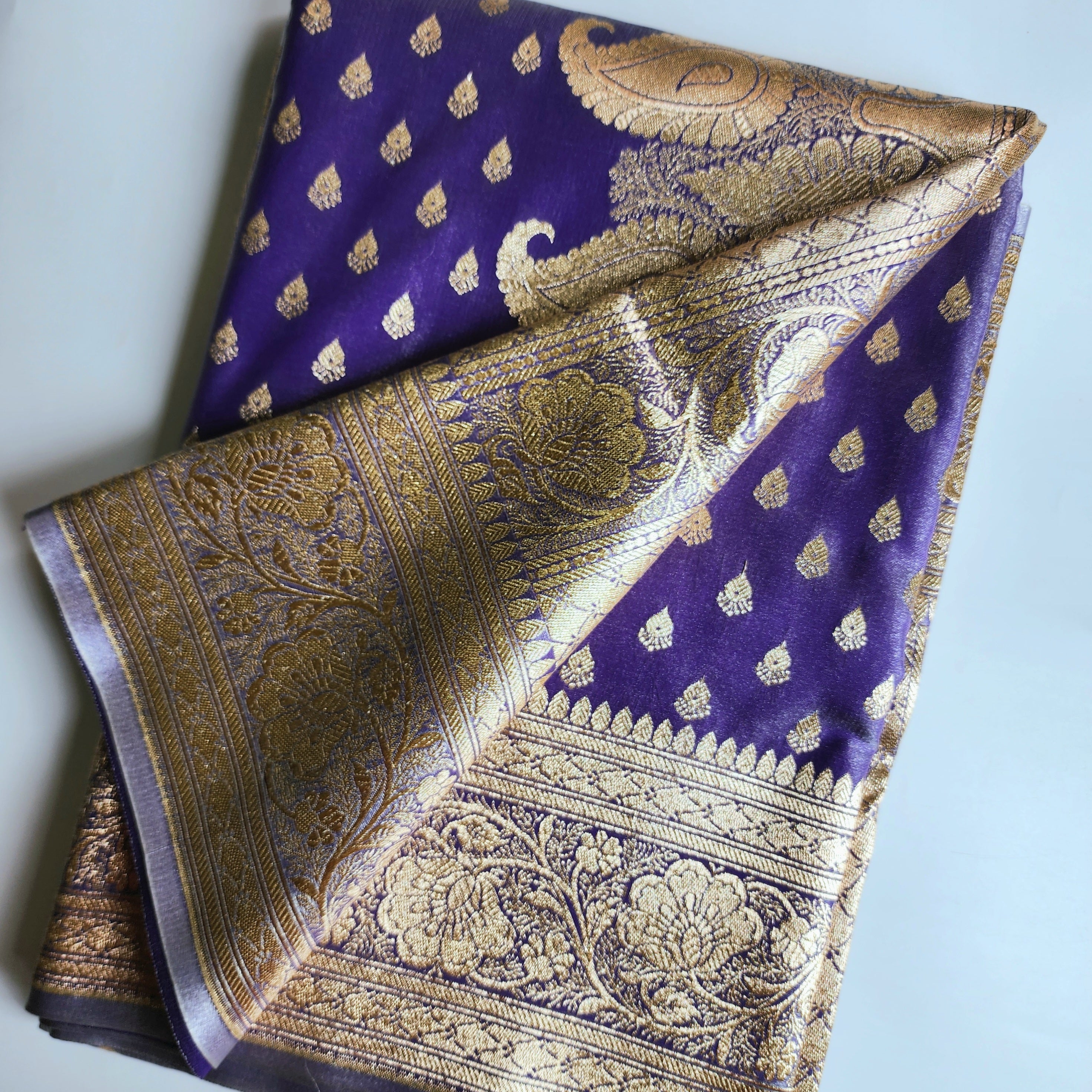 Rich Indigo Purple Banarasi Silk Saree with Gold Zari Weaving