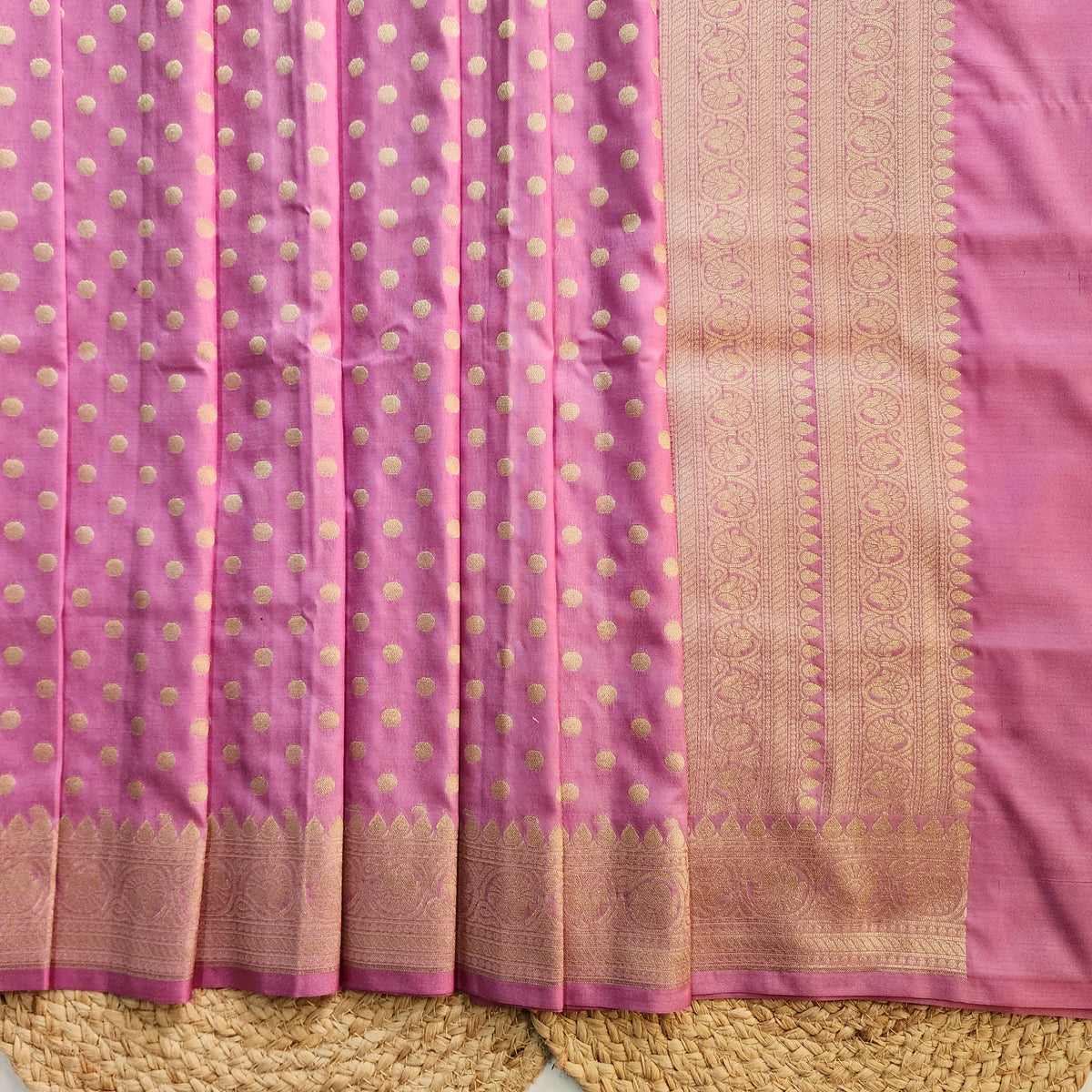 Mauve Pink Banarasi Silk Dupatta with Gold Polka Dot