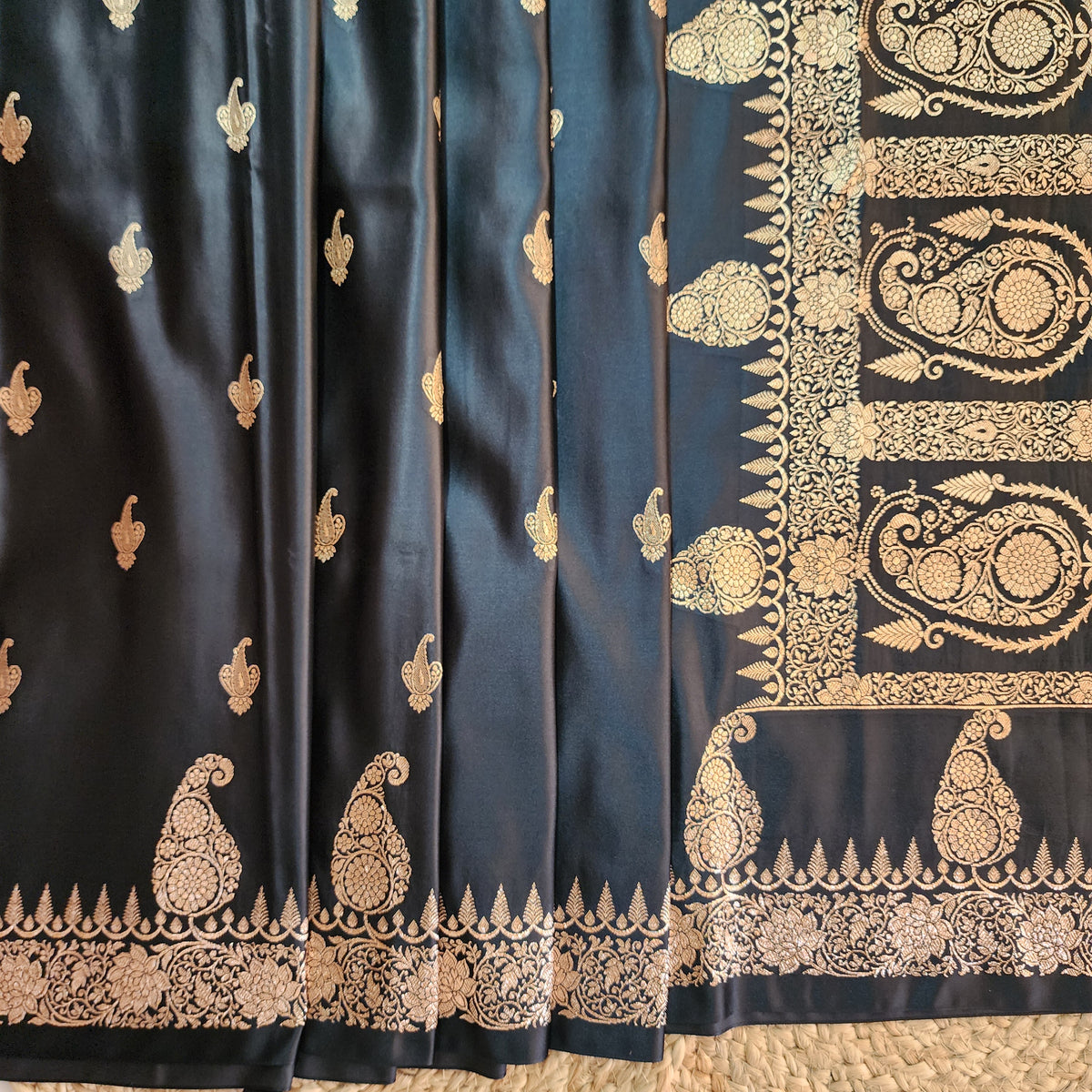 Black Paisley Katan Silk Saree with Gold Zari