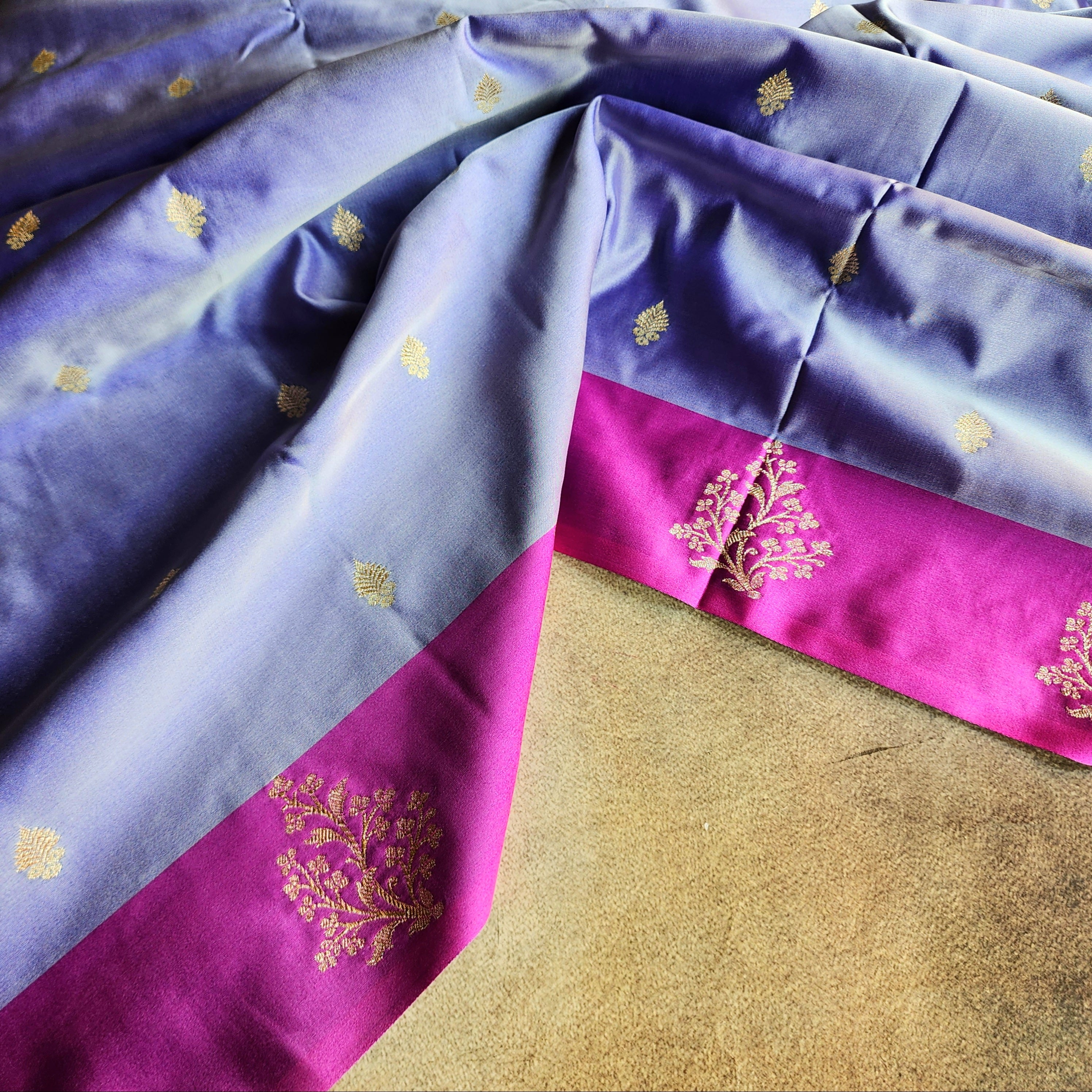 Pastel Purple Katan Silk Saree with Magenta Gold Zari Border