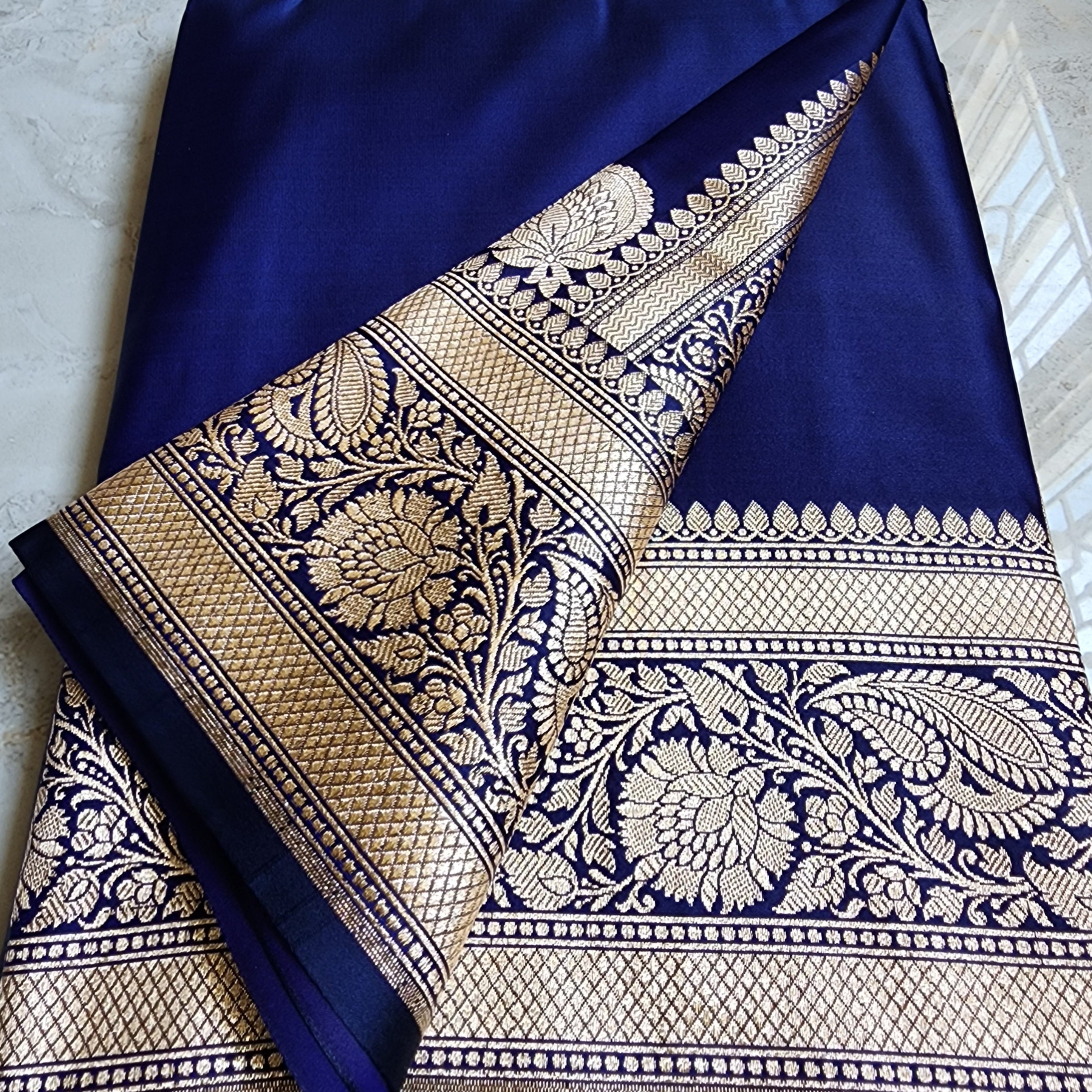 Royal Blue Pure Banarasi Katan Silk Saree with light Gold Zari Weaving