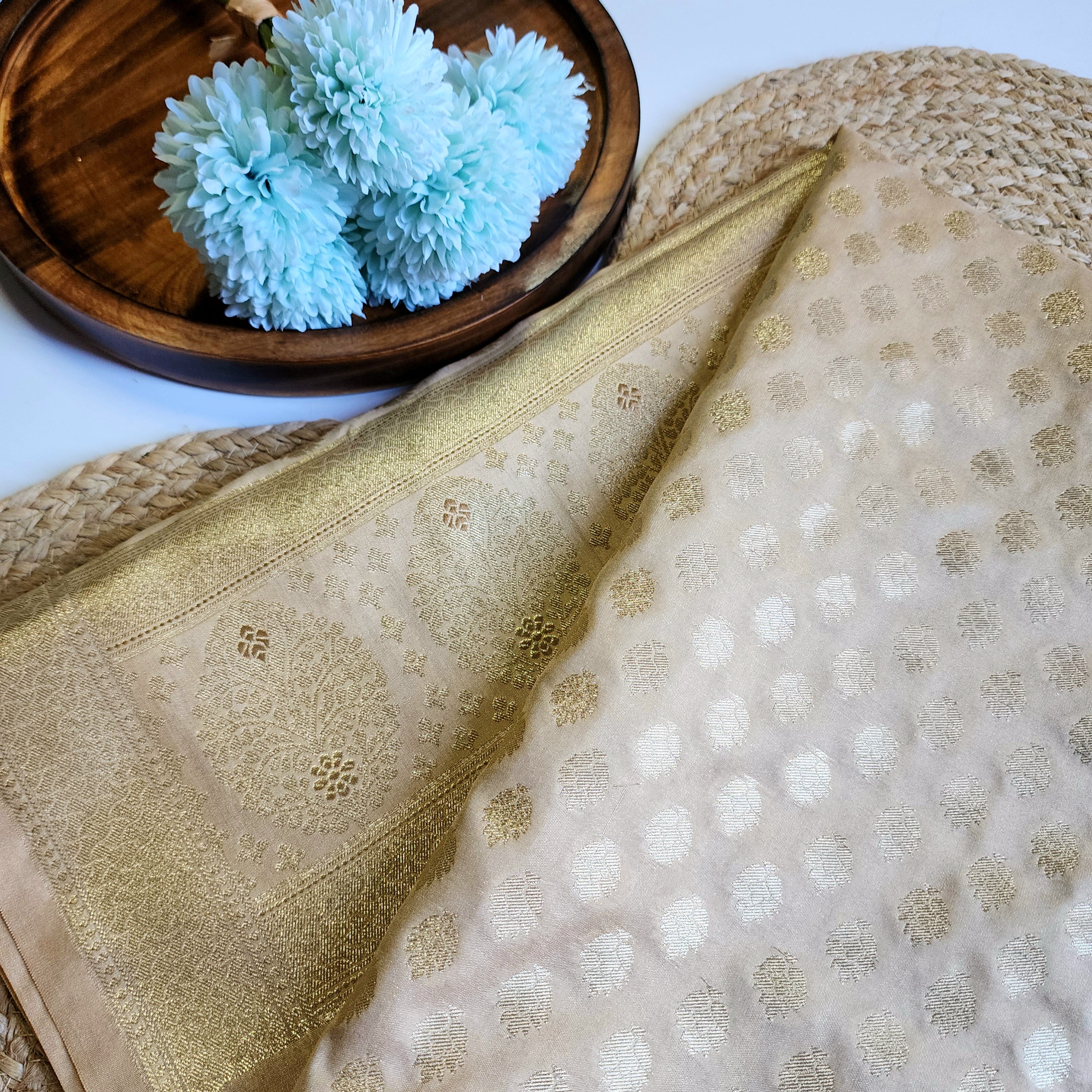 Champagne Beige Banarasi Tapetta Silk Dupatta with Gold Floral Zari Weave