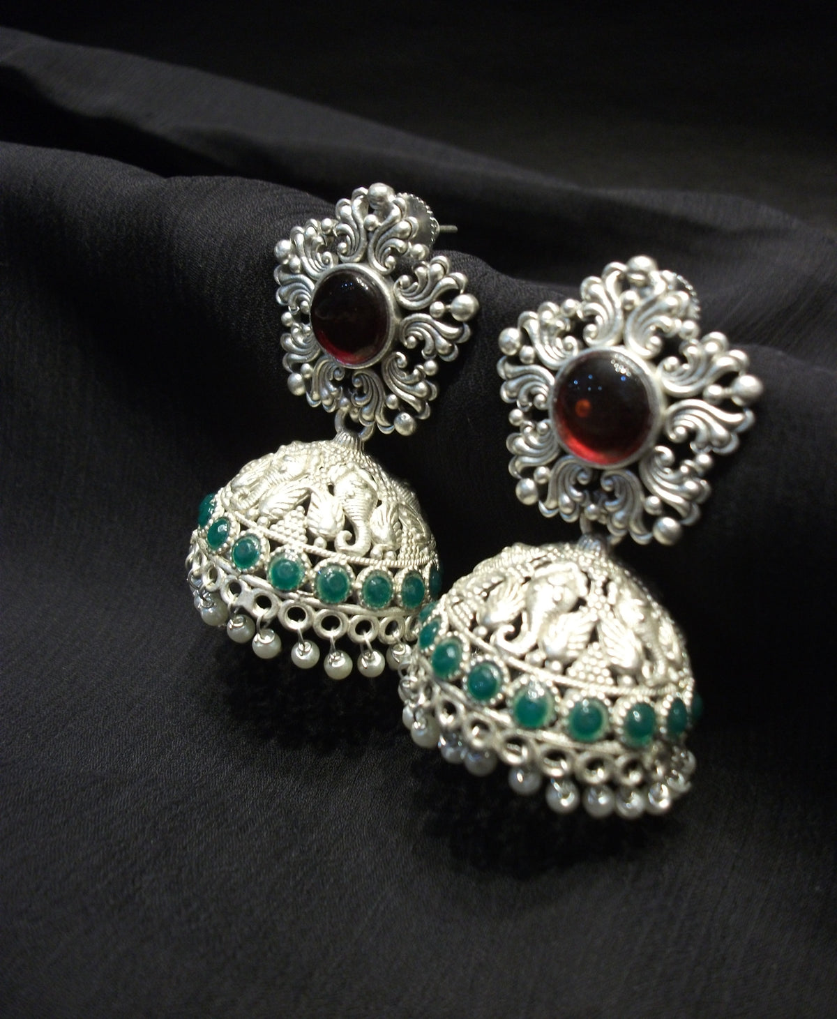 Silver Ornate Red Stud & Green Beaded Jhumka Earrings