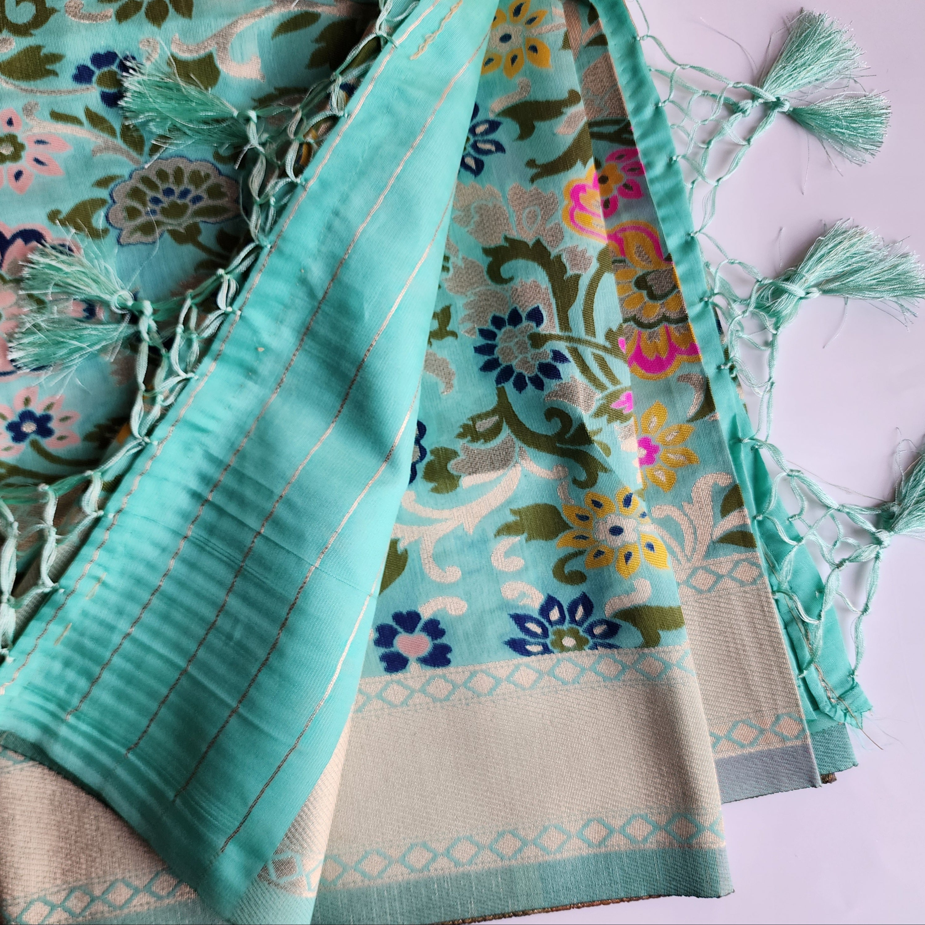 Banarasi Silk Aqua Blue Dupatta with Multicolor & Gold Floral Handweaving