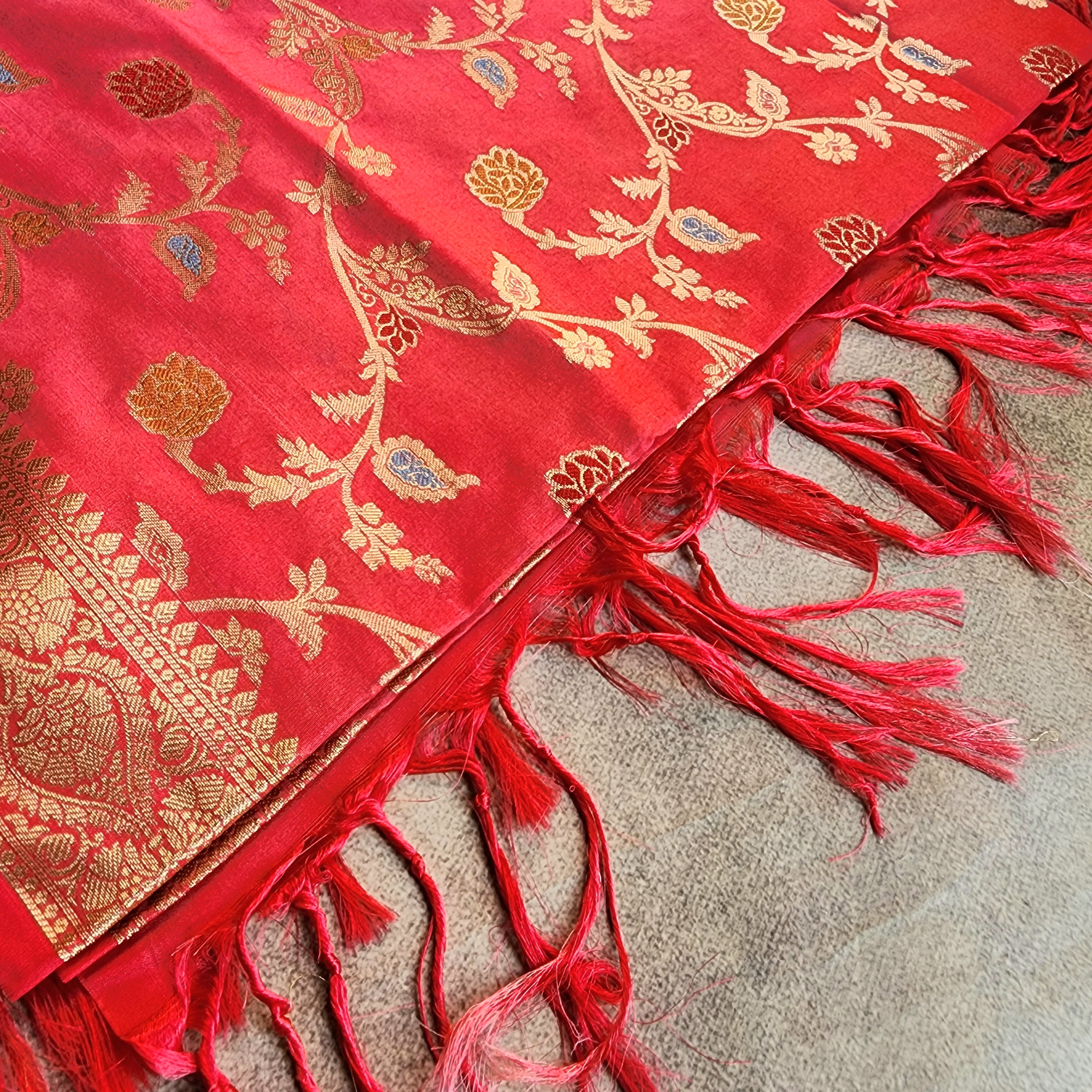 Rani Pink Banarasi Silk Dupatta with Gold Zari Border & Multicolor Meenakari Work