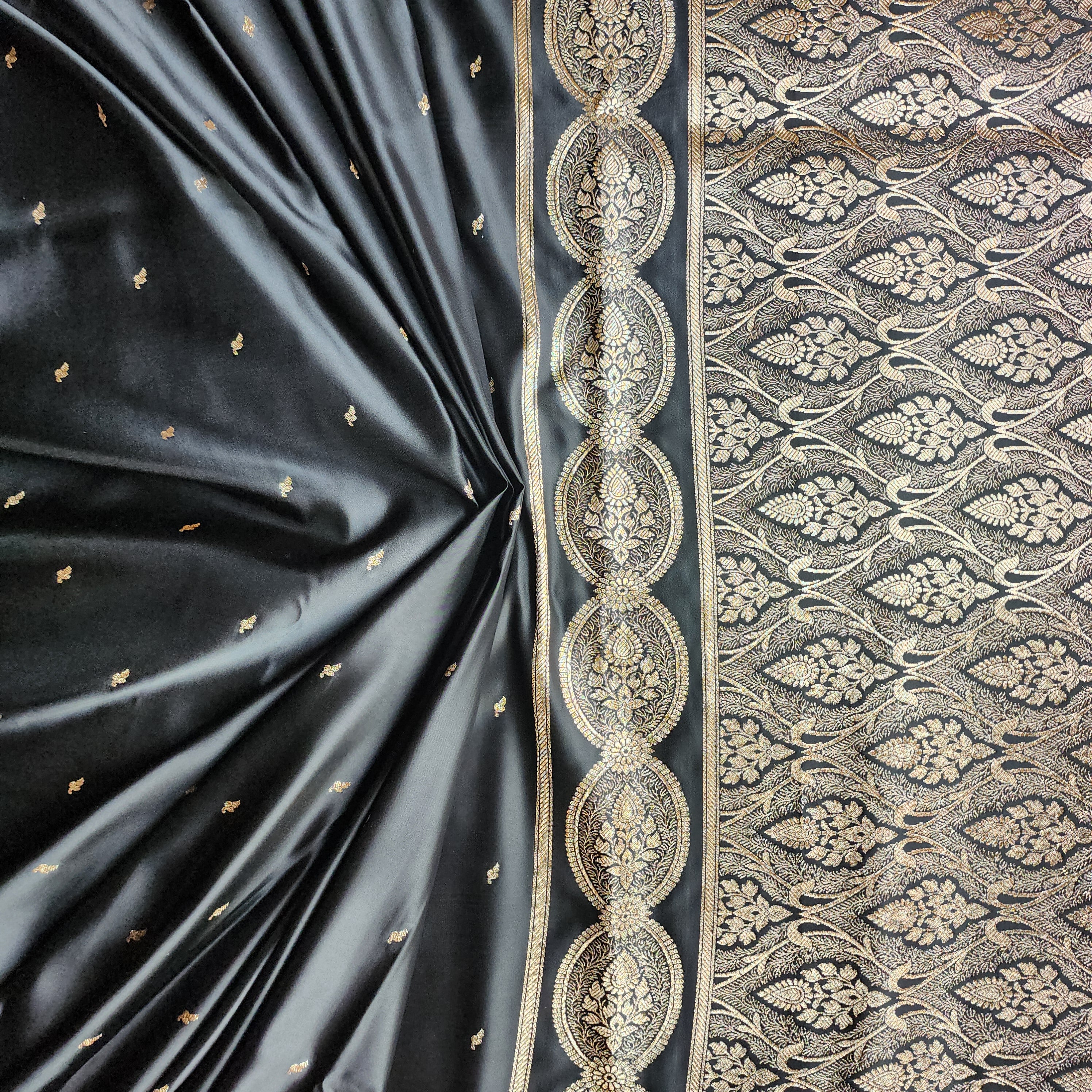 Black Pure Banarasi Katan Silk Saree with Gold Zari Weaving