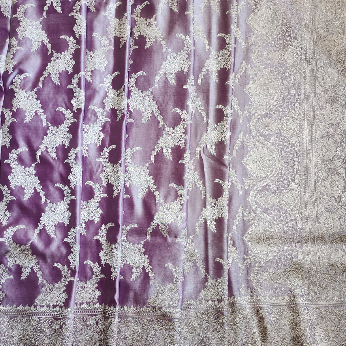 Dusty Lilac Banarasi Katan Silk Saree with Floral Vine Jaal