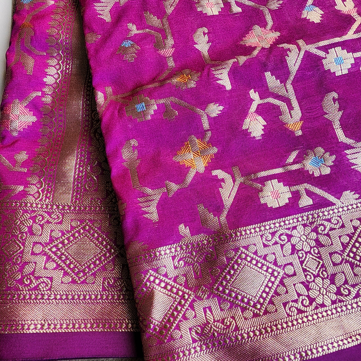 Golden Grid Banarasi Silk Dupatta with Meenakari Work in Wine