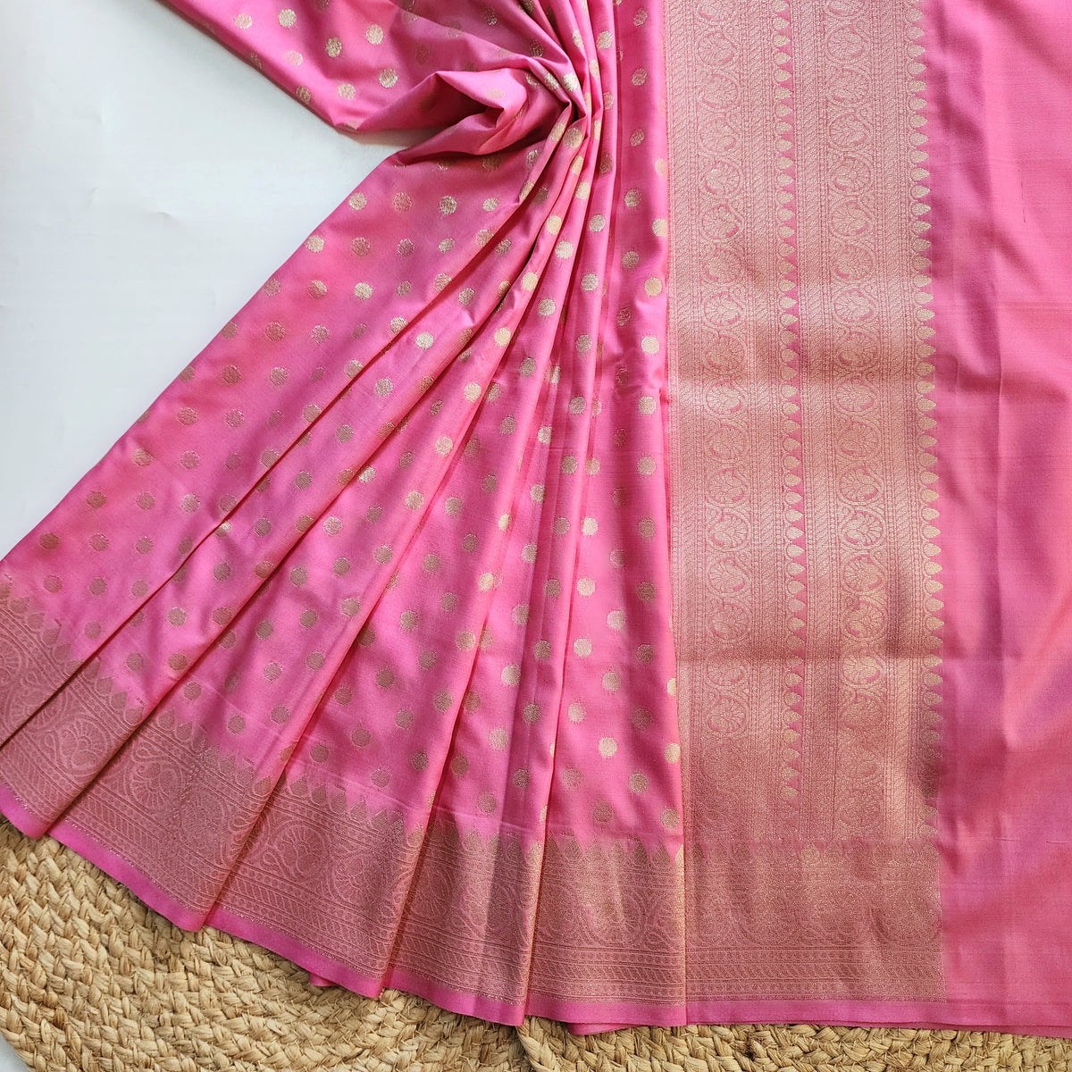 Rani Pink Banarasi Silk Dupatta with Gold Polka Dot