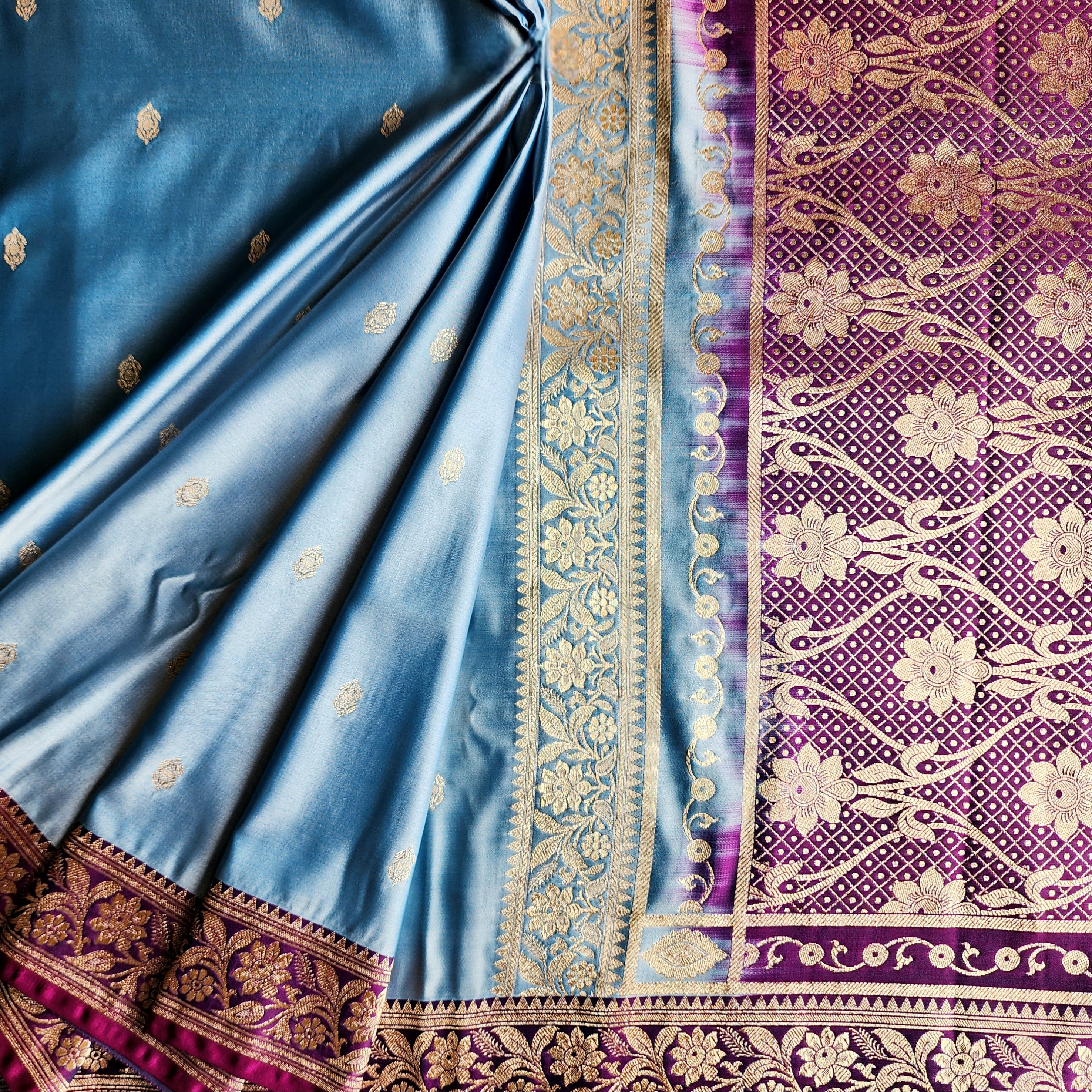 Teal Blue Katan Silk Saree with Purple and Gold Zari Border