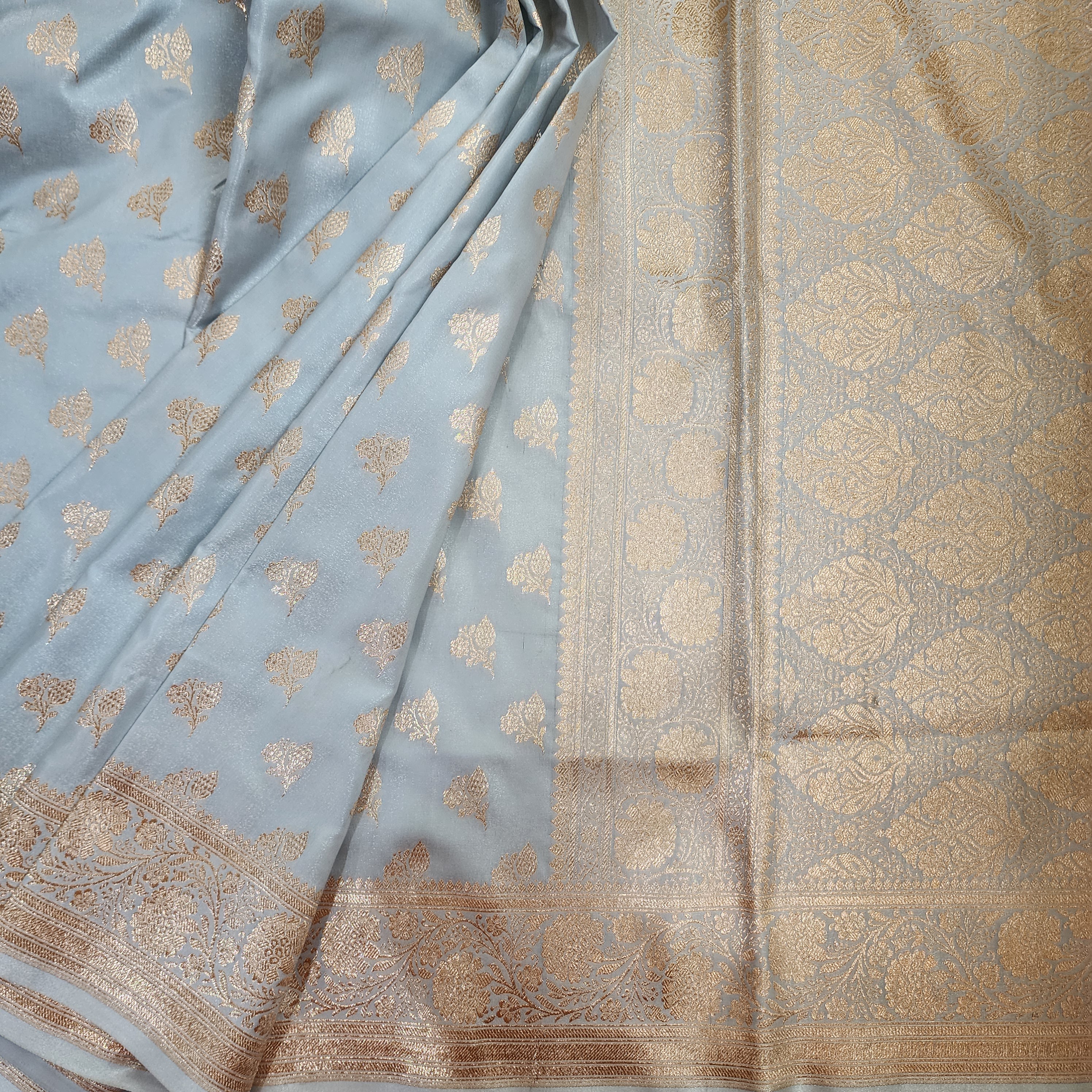 Rich Silver Grey Banarasi Silk Saree with Gold Zari Weaving