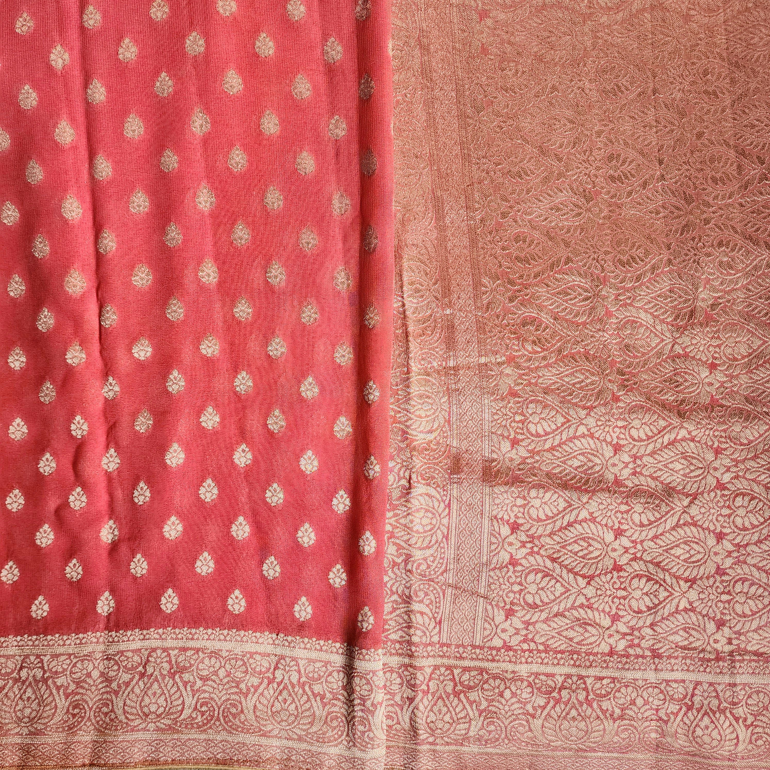 Peach Khaddi Georgette Pure Banarasi Saree with Golden Zari