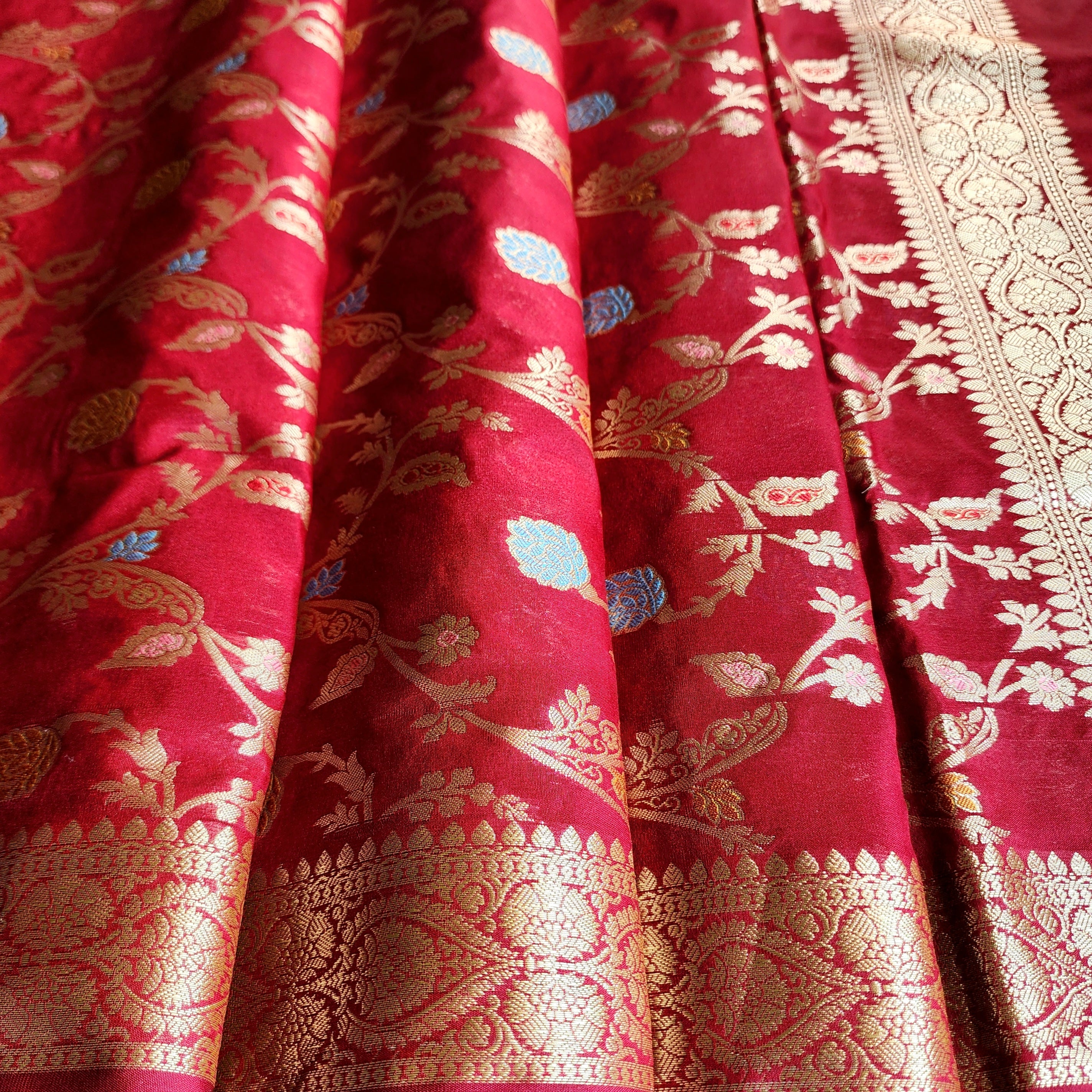 Maroon Banarasi Silk Dupatta with Gold Zari Border & Multicolor Meenakari Work