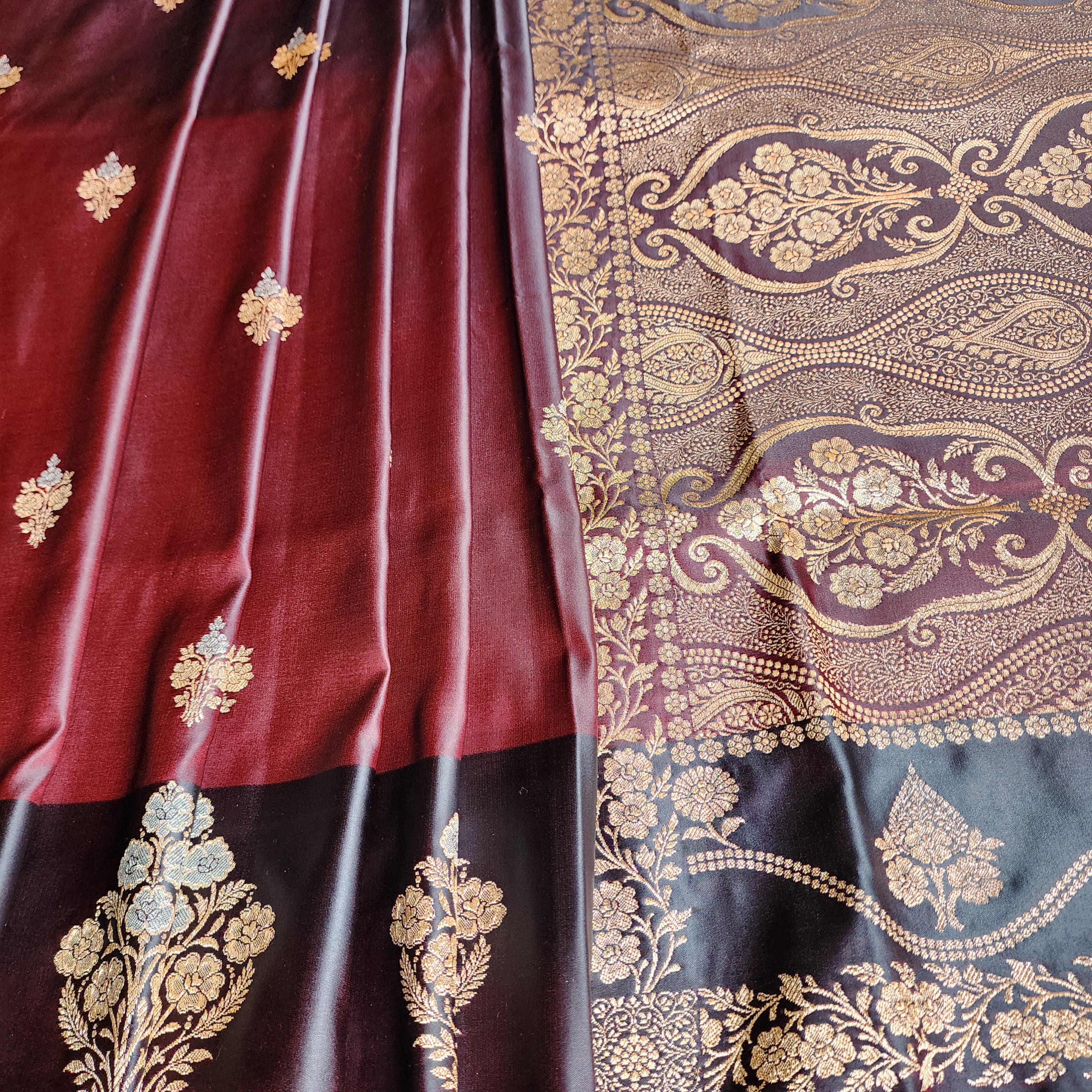 Dual-Tone Maroon Pure Banarasi Katan Silk Saree