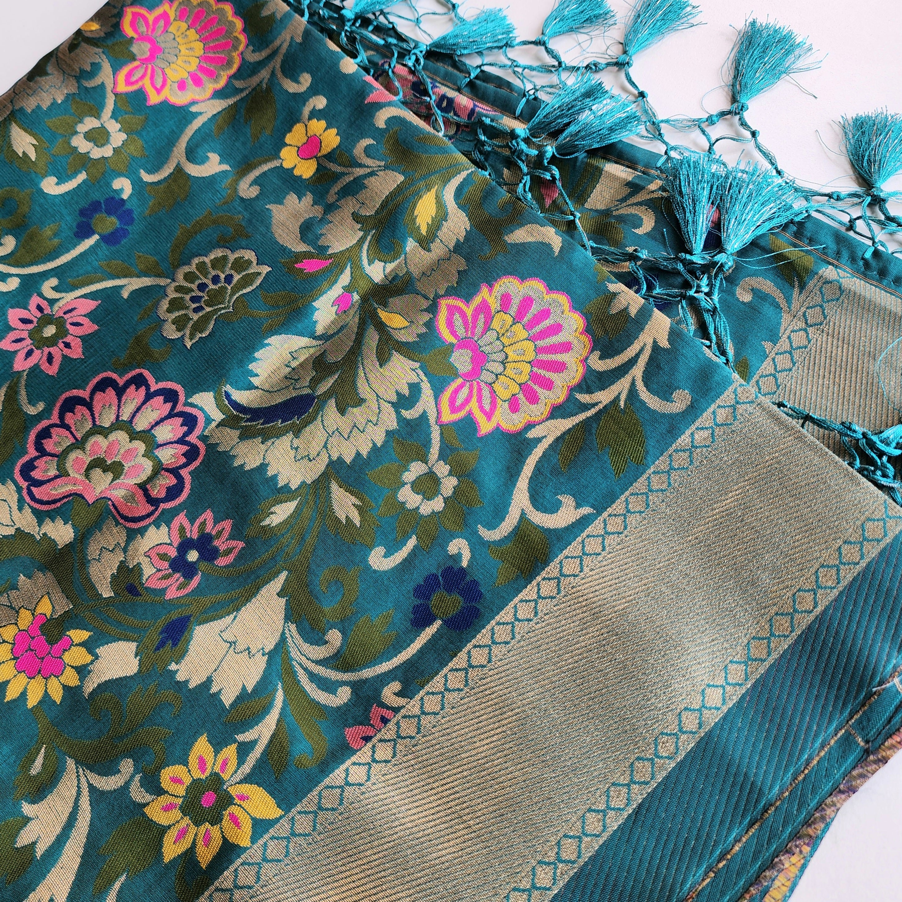 Banarasi Silk Rama Green Dupatta with Multicolor & Gold Floral Handweaving