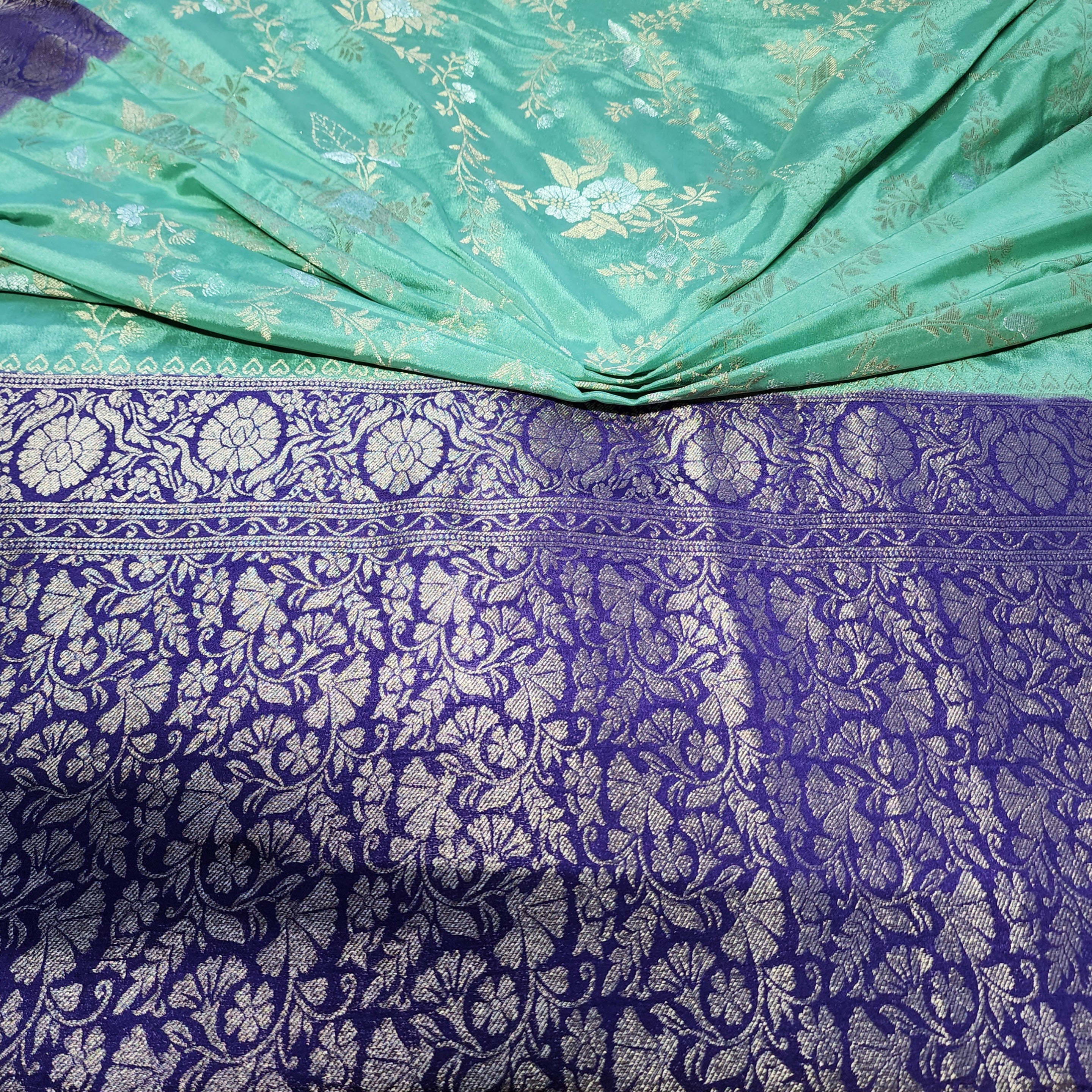 Mint Green Crepe Chiffon Saree with Violet Border