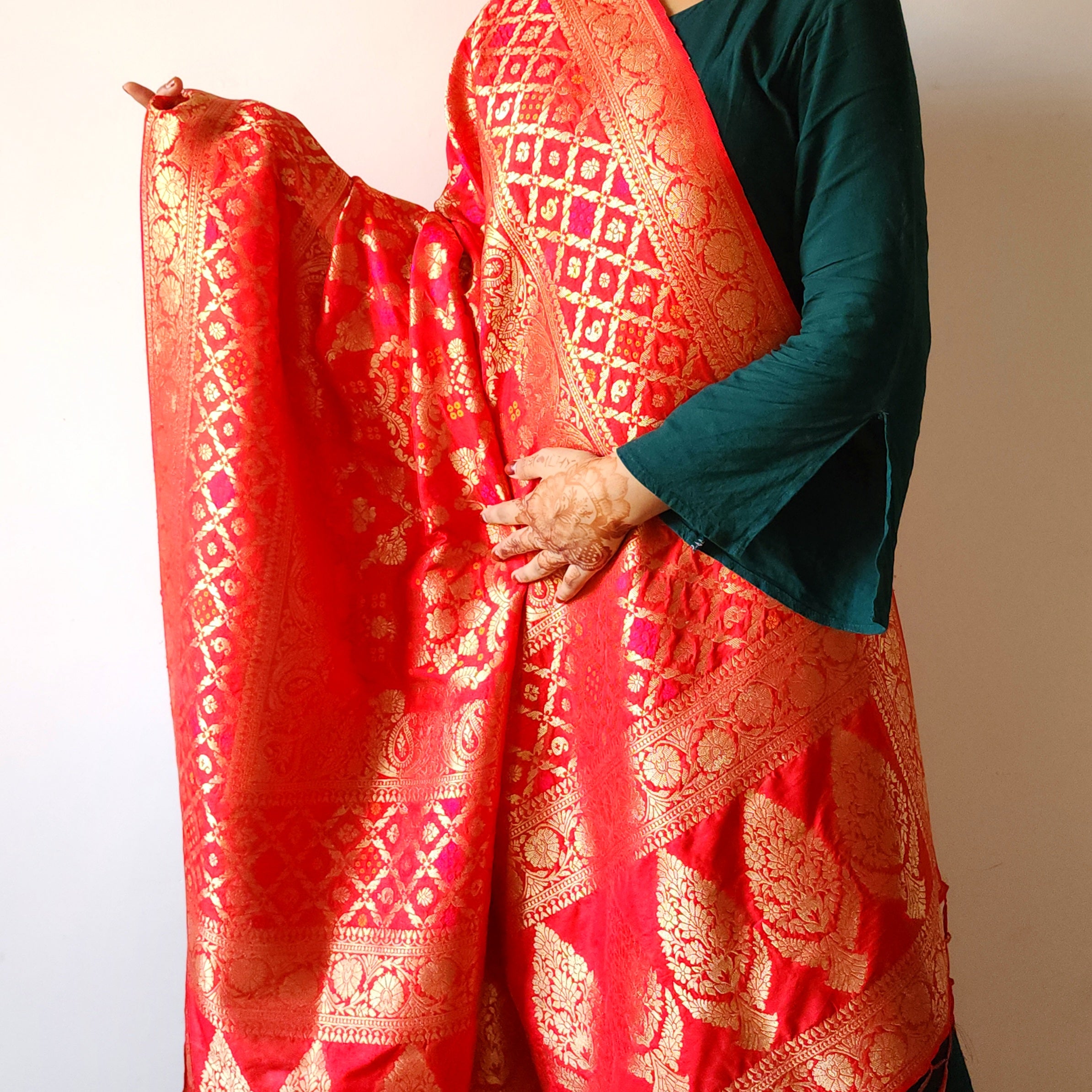 Deep Ruby Red Bandhani Dupatta with Floral and Geometric Zari Weave