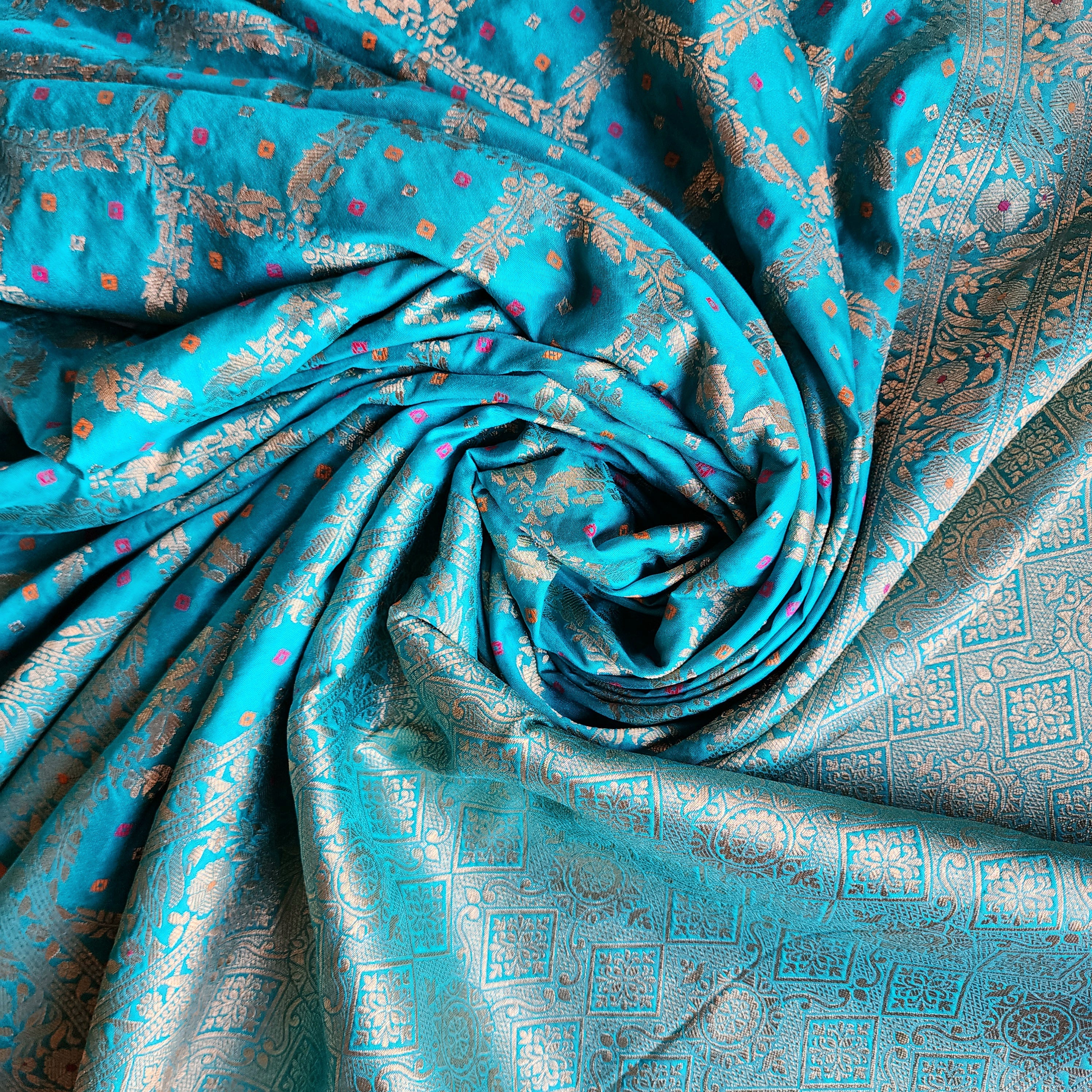 Peacock Blue Bandhani Dupatta with Traditional Jaal