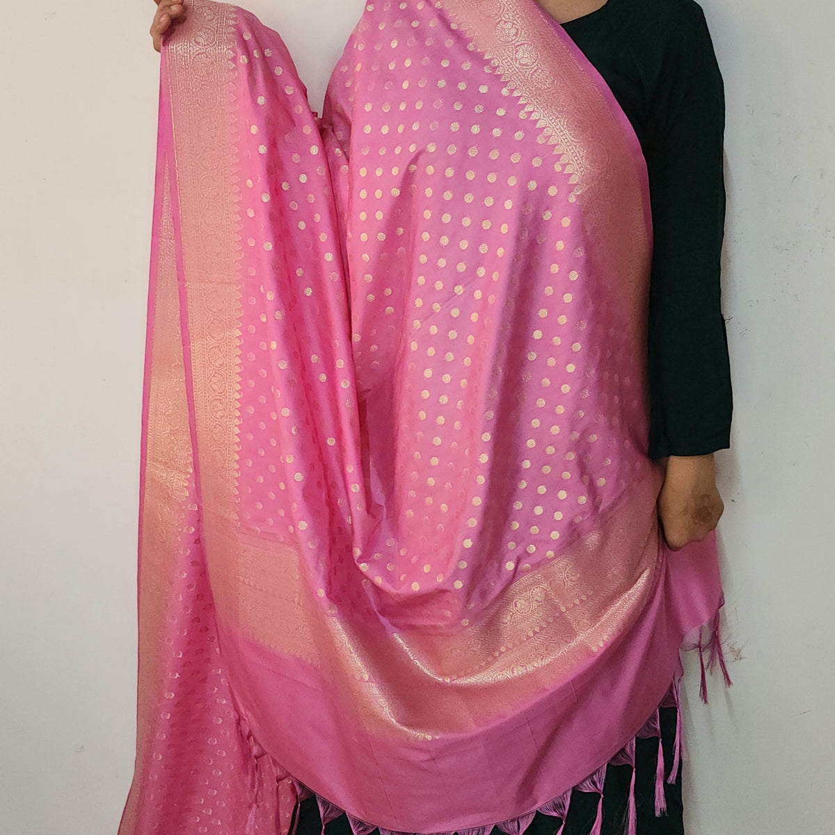 Rani Pink Banarasi Silk Dupatta with Gold Polka Dot