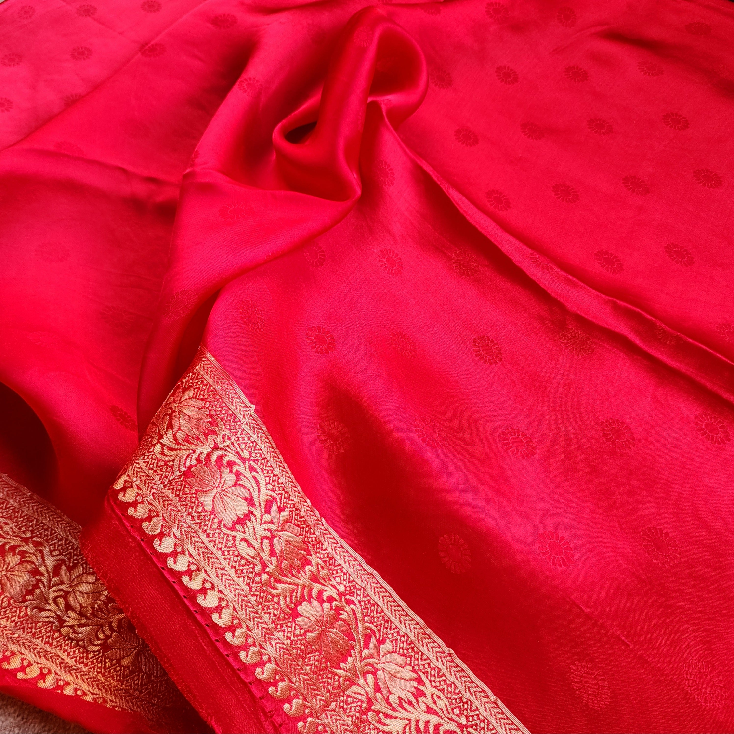 Bright Red Mashru Katan Silk Saree with Gold Weave