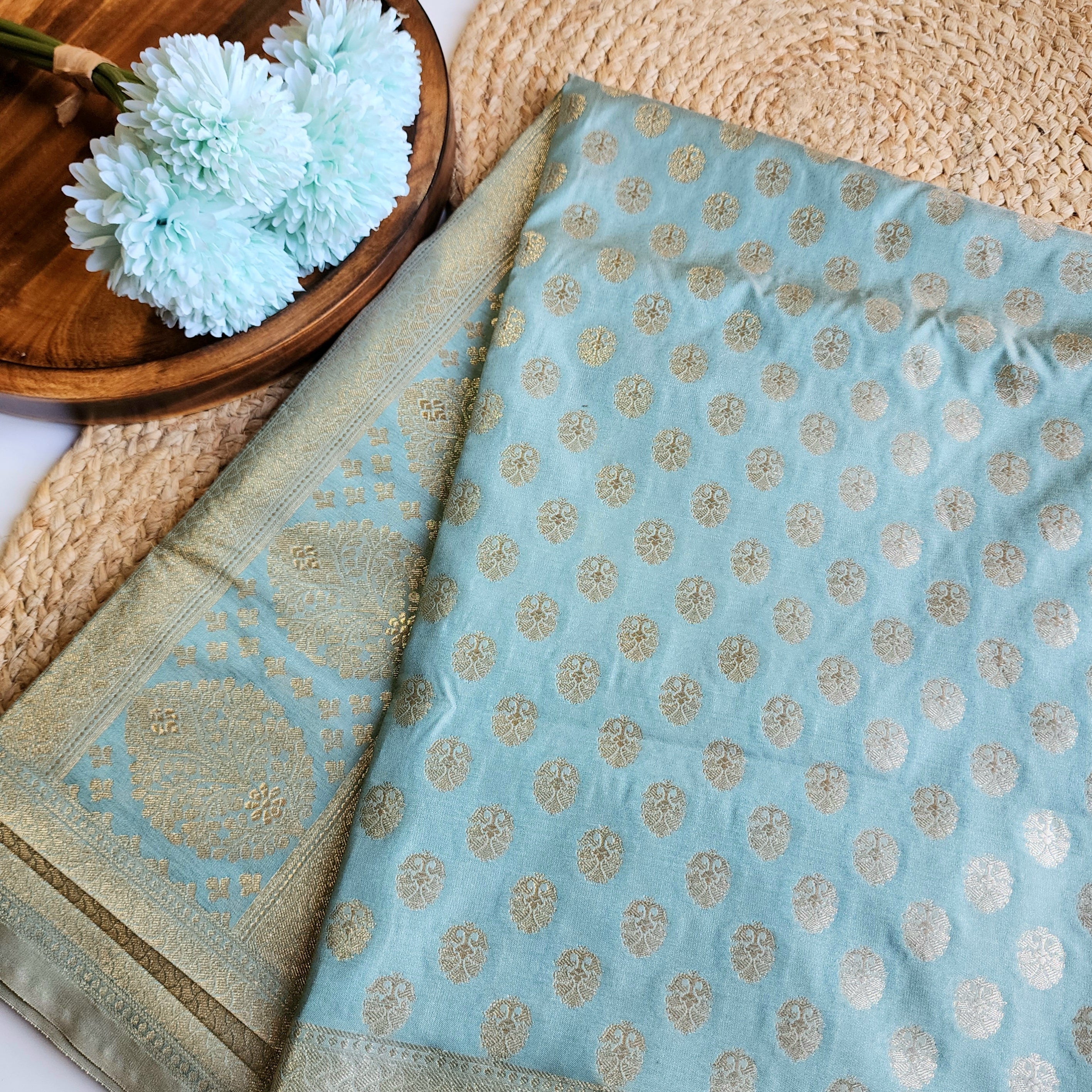 Dusty Mint Banarasi Dupatta with Soft Polka Dots
