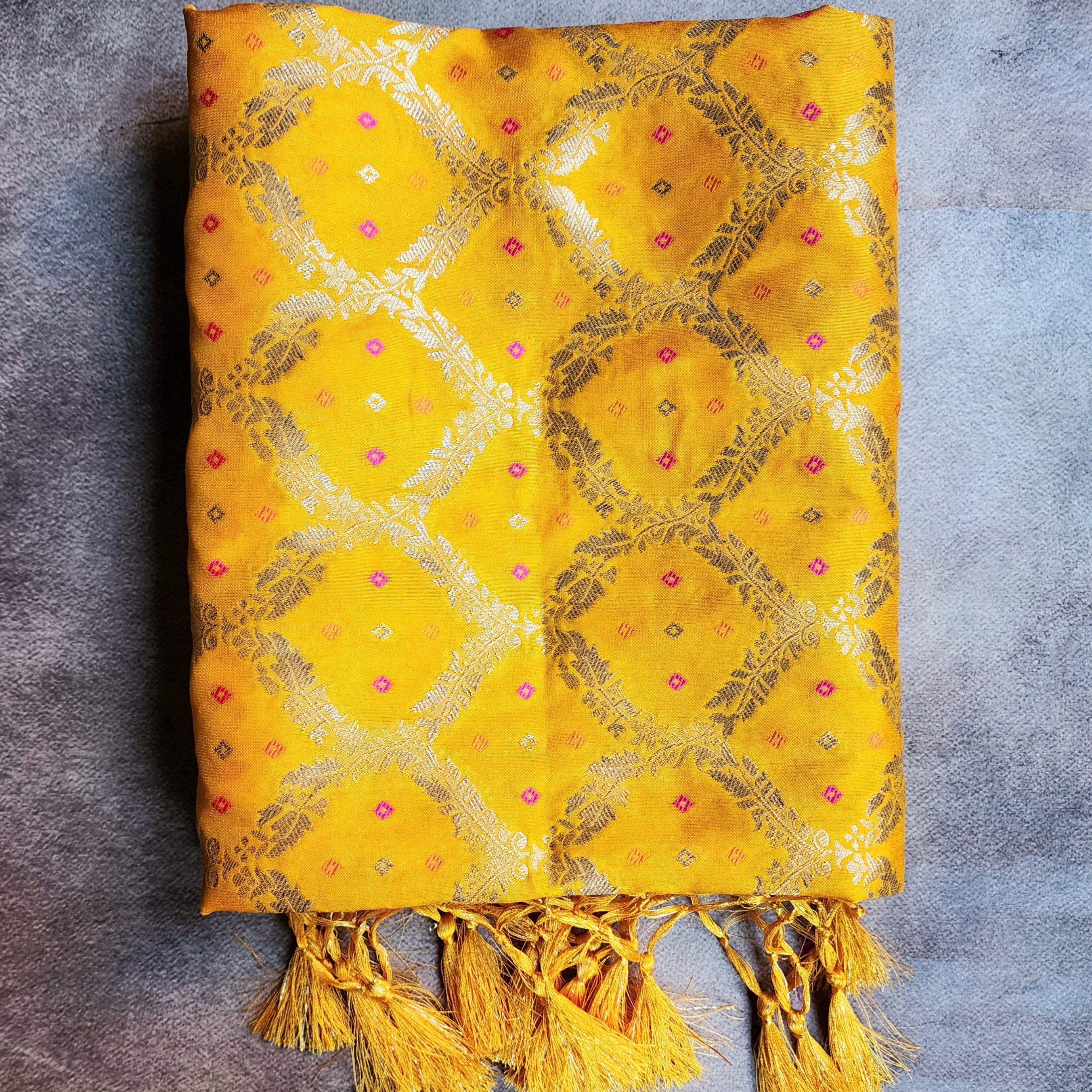 Mustard Yellow Bandhani Dupatta with Traditional Jaal