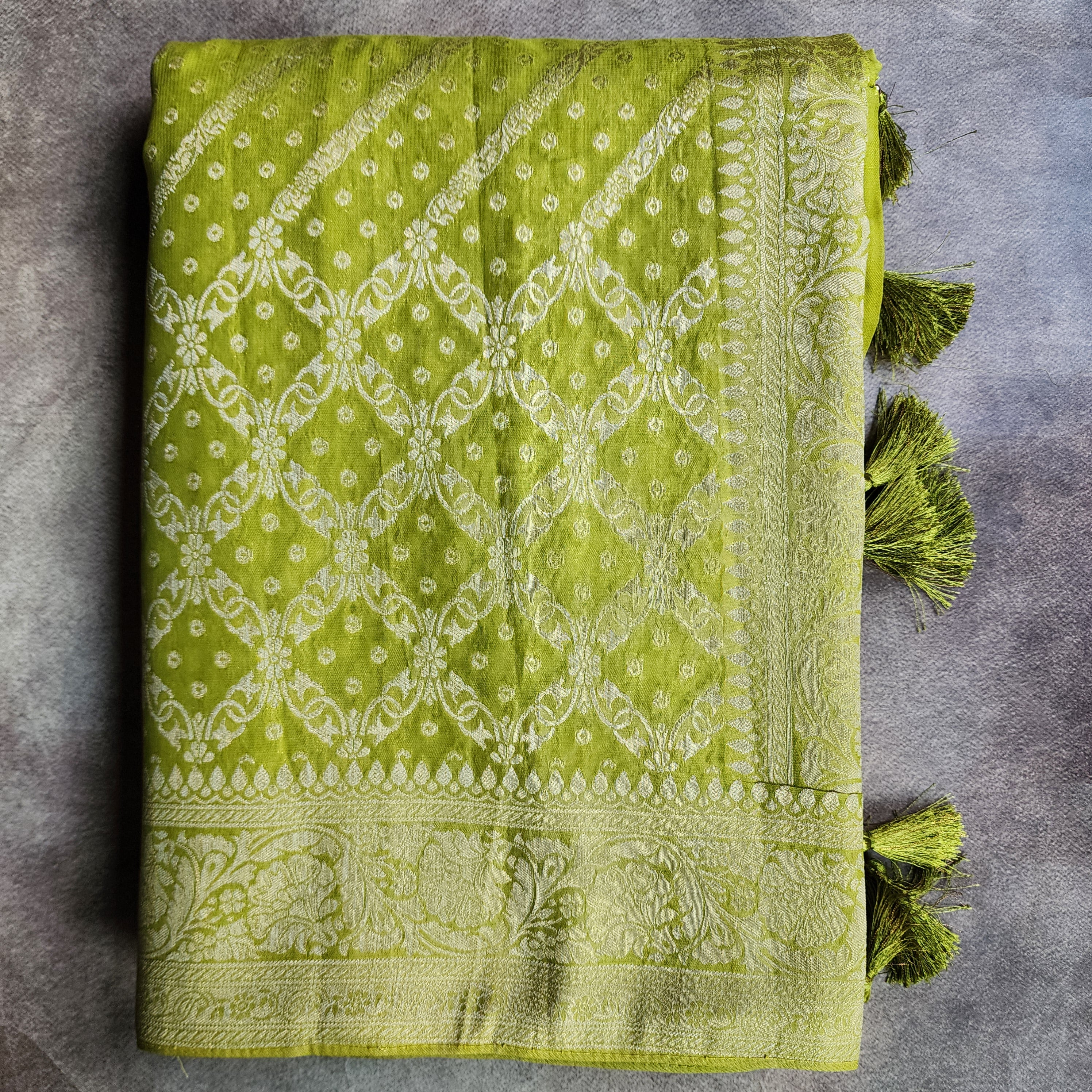 Mehndi Green Pure Khaddi Georgette Banarasi Saree with Golden Zari