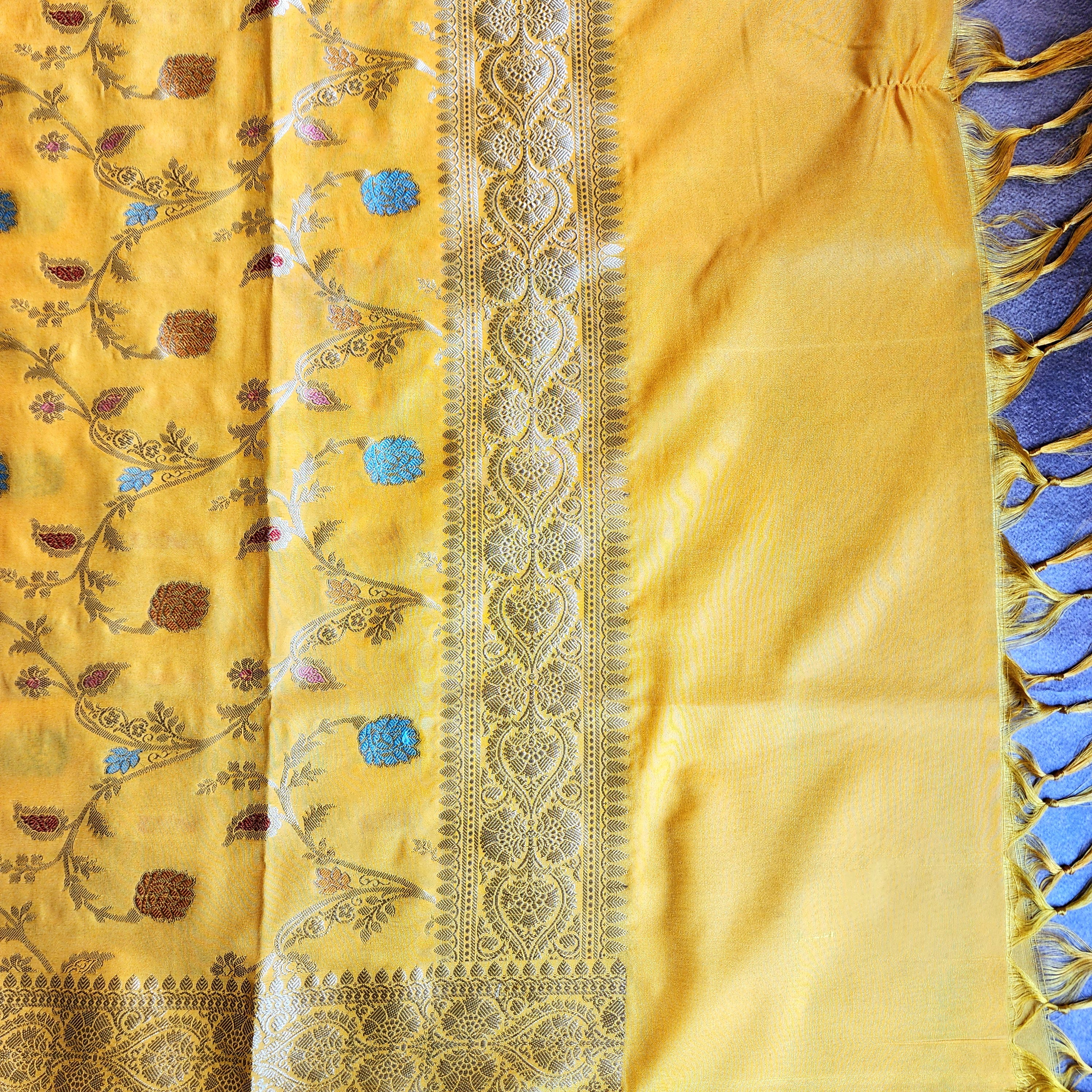 Mustard Yellow Banarasi Silk Dupatta with Gold Zari Border & Multicolor Meenakari Work