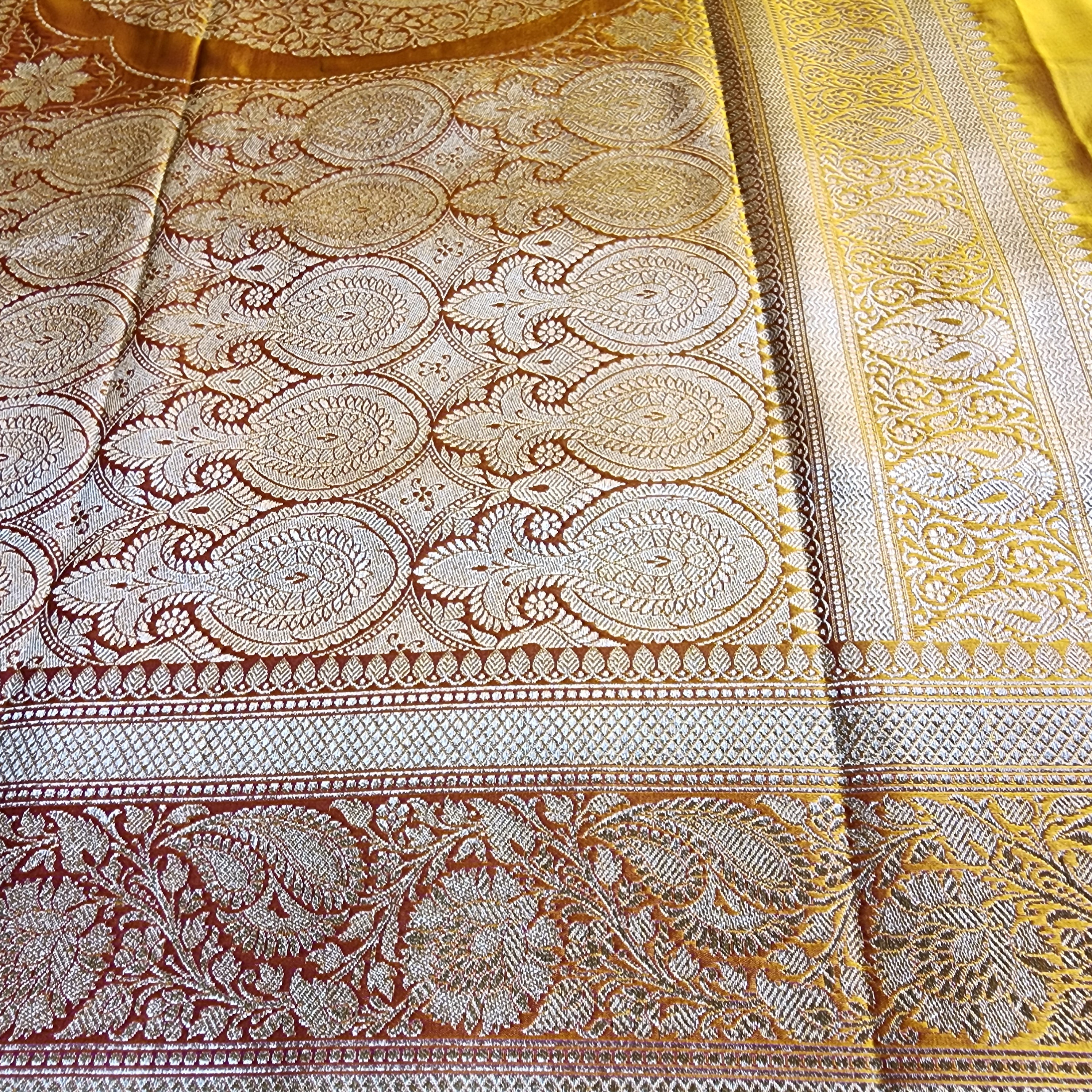 Rich Mustard Yellow Pure Banarasi Katan Silk Saree with light Gold Zari Weaving