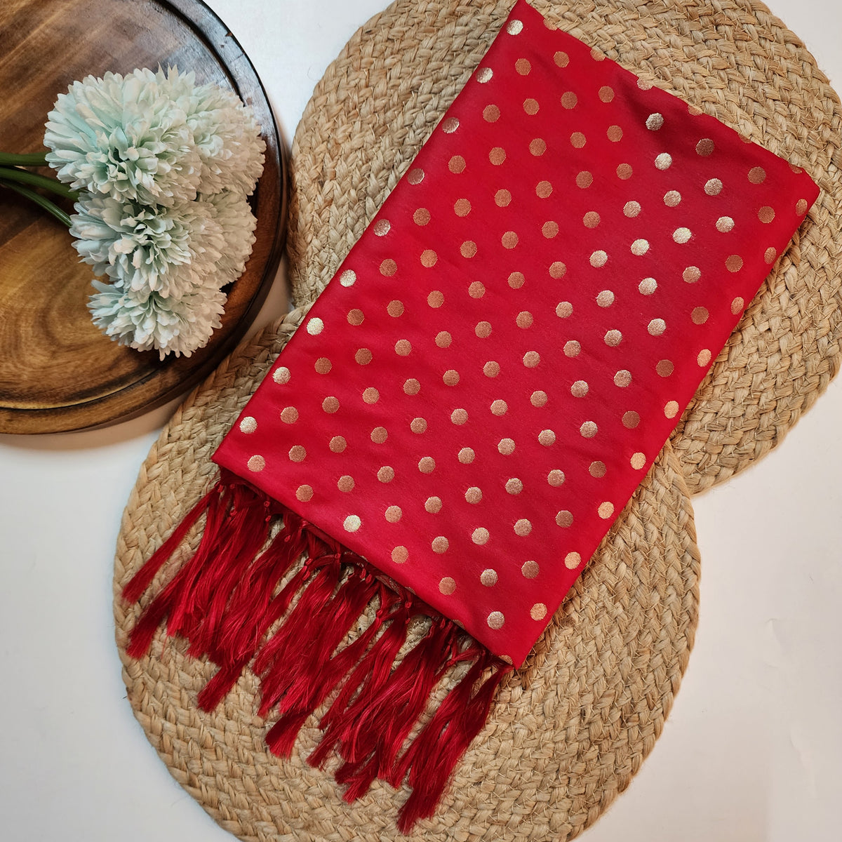 Classic Red Banarasi Silk Dupatta with Gold Polka Dot