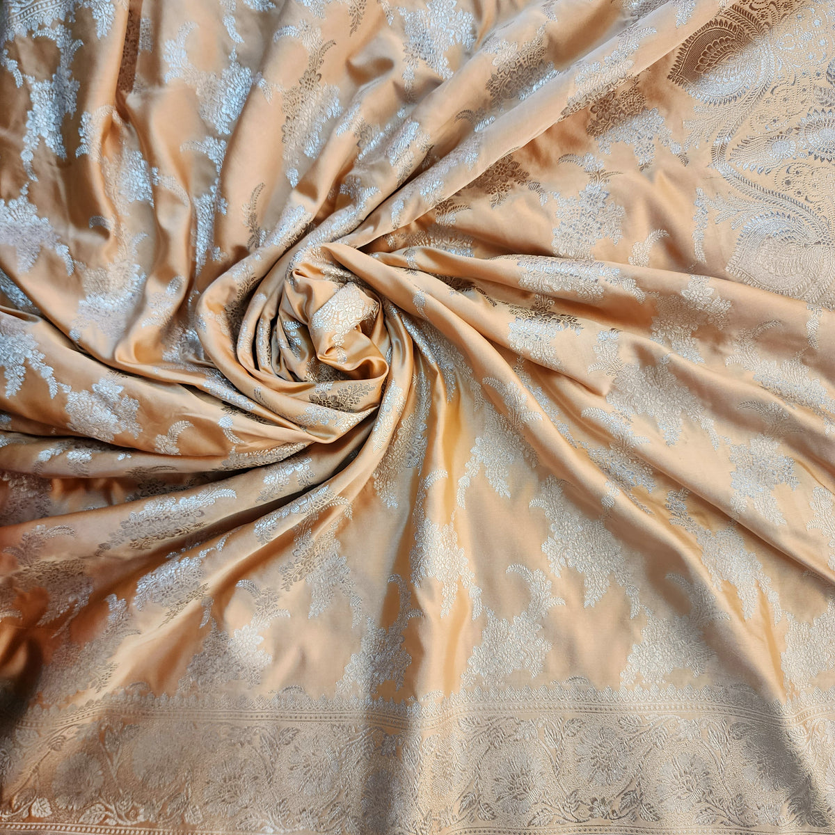 Peach Beige Banarasi Katan Silk Saree with Floral Vine Jaal