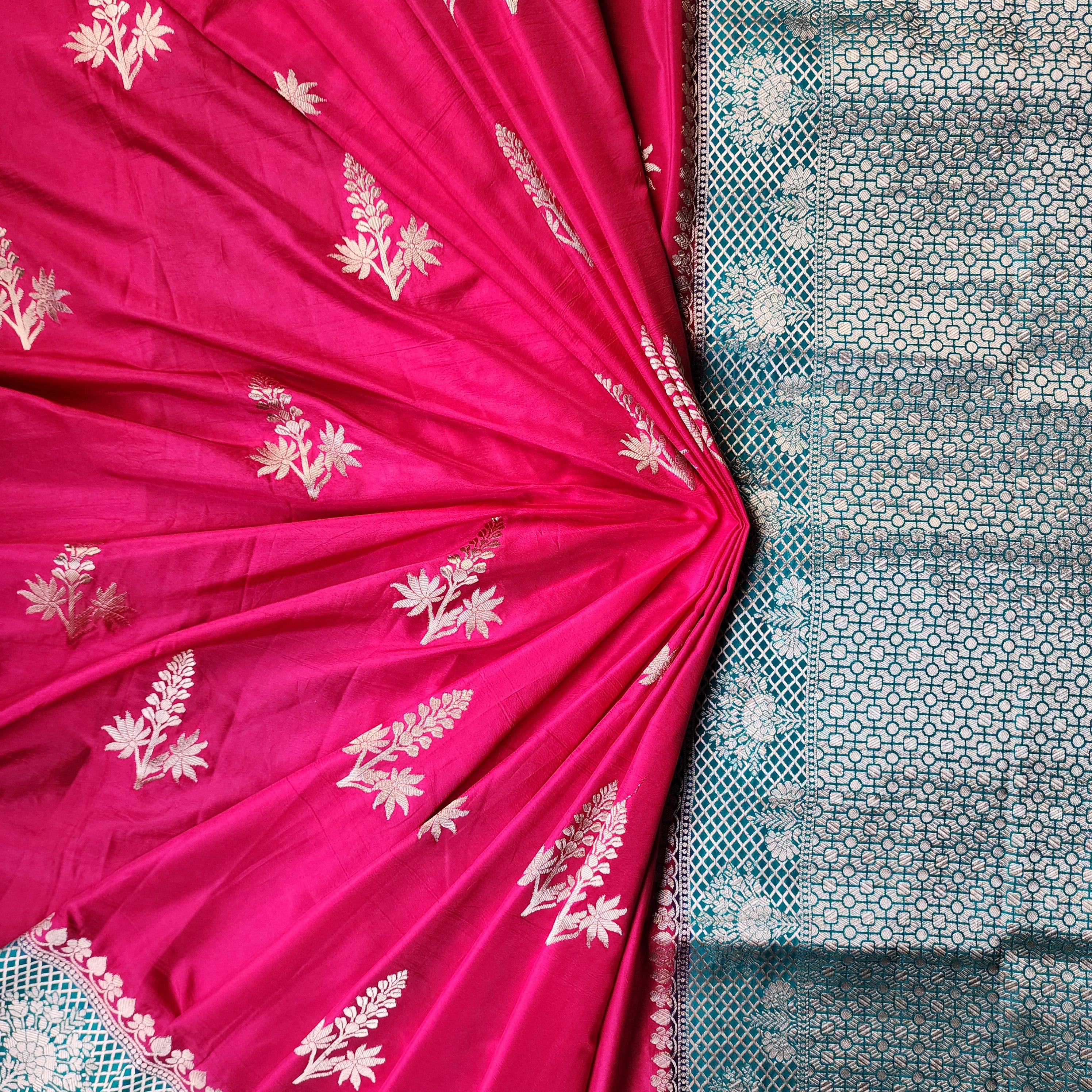 Deep Fuchsia Crepe Georgette Silk Saree with Contrast Turquoise Border
