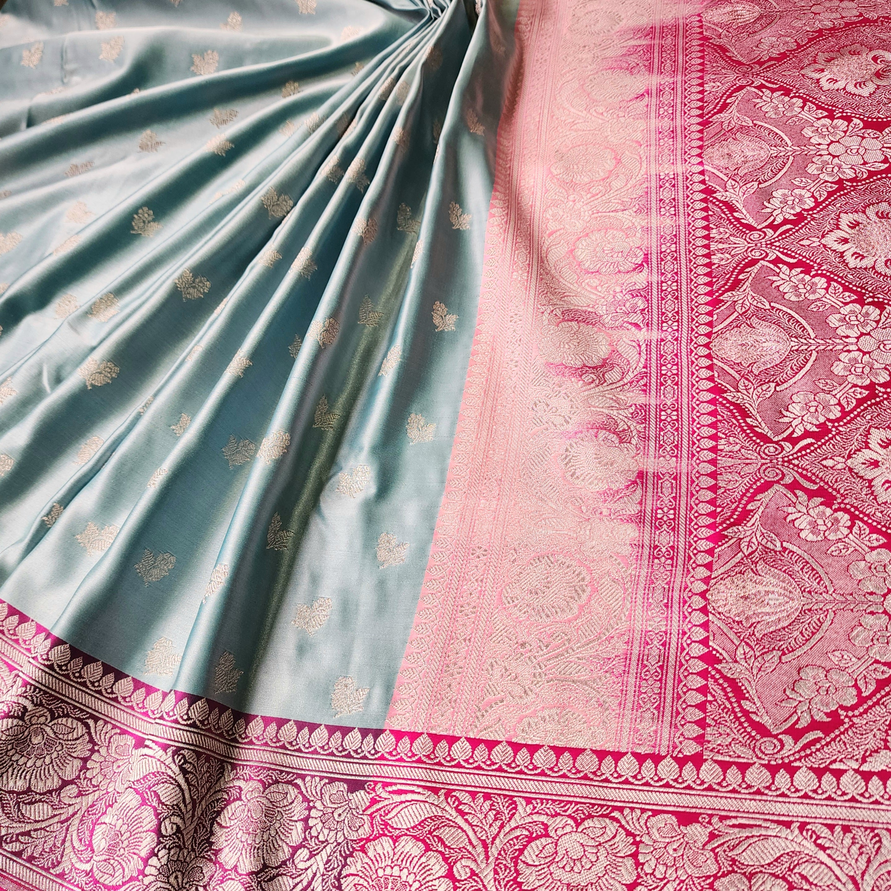 Pastel Aqua Blue Pure Banarasi Katan Silk Saree with light Gold Zari Weaving