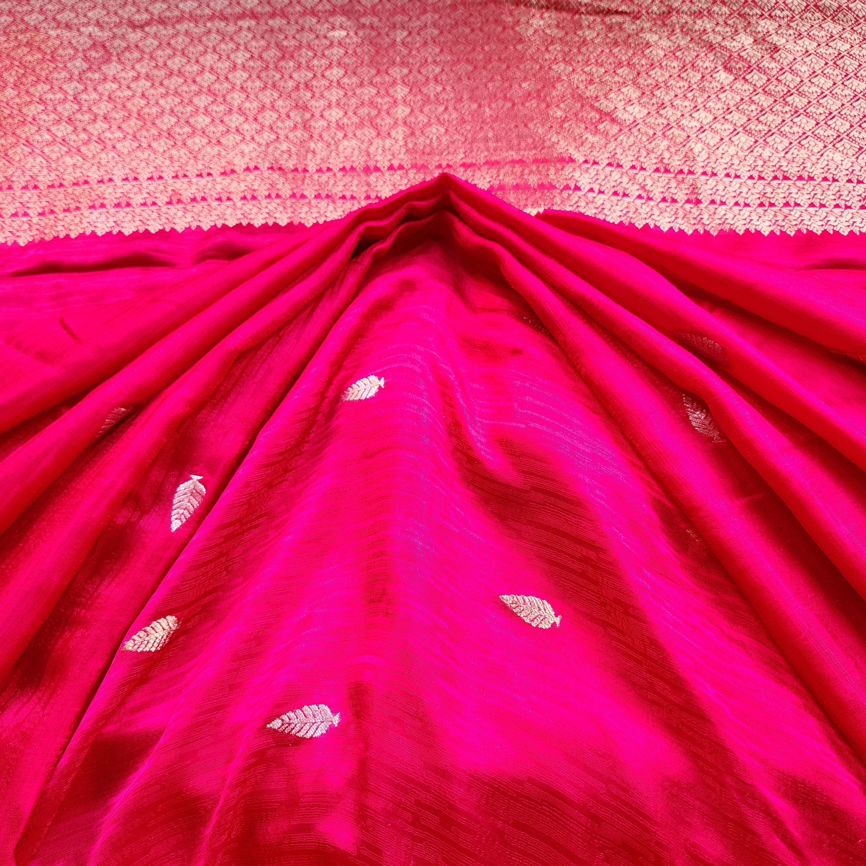 Bright Rani Pink Mashru Tanchoi Saree with Gold Zari