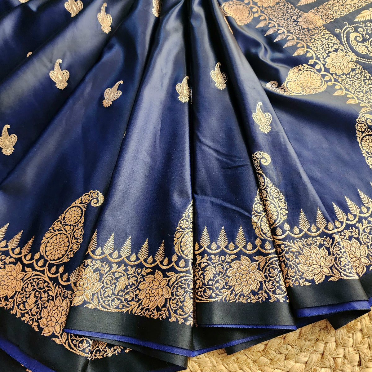 Navy Blue Paisley Katan Silk Saree with Gold Zari