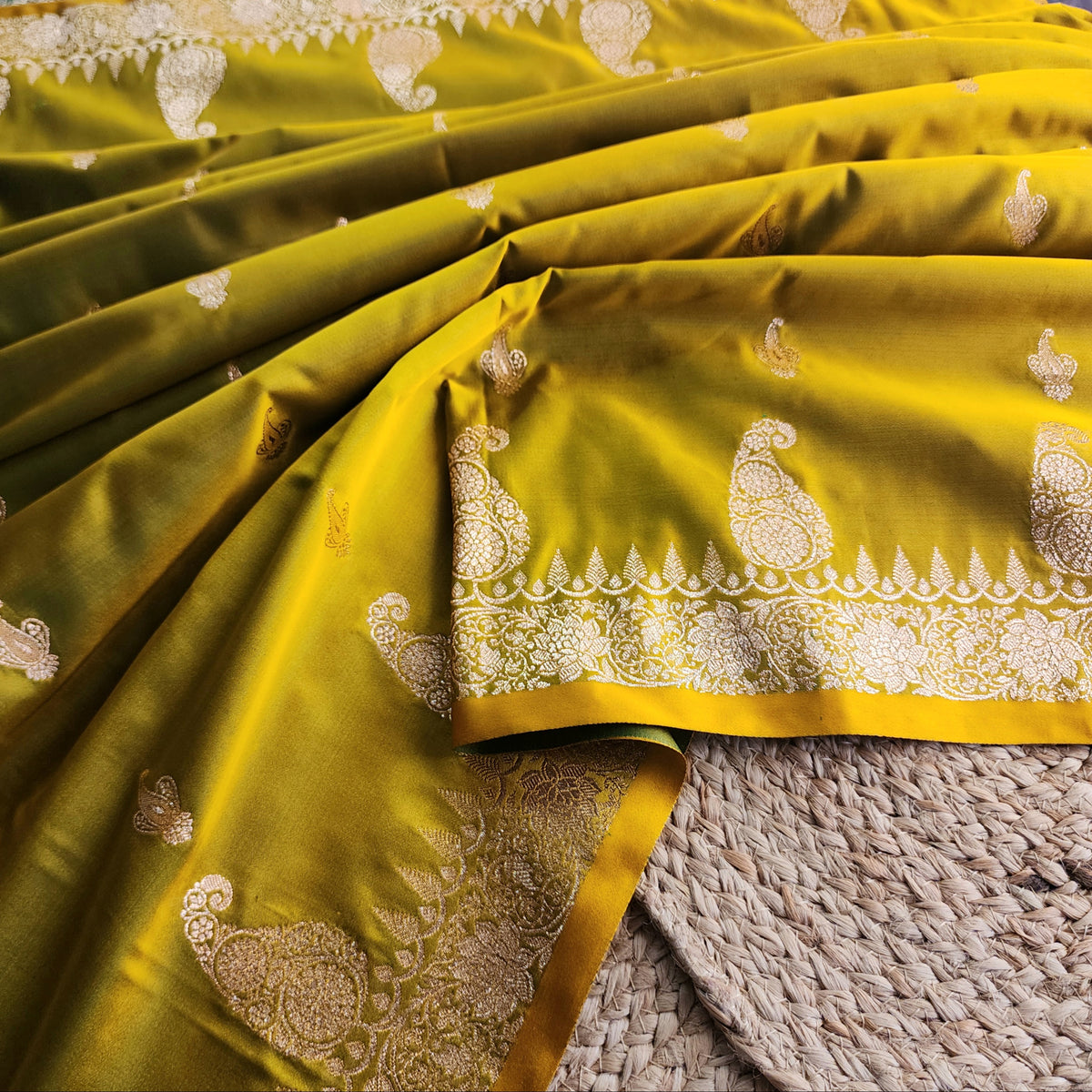 Lime Green Paisley Katan Silk Saree with Gold Zari