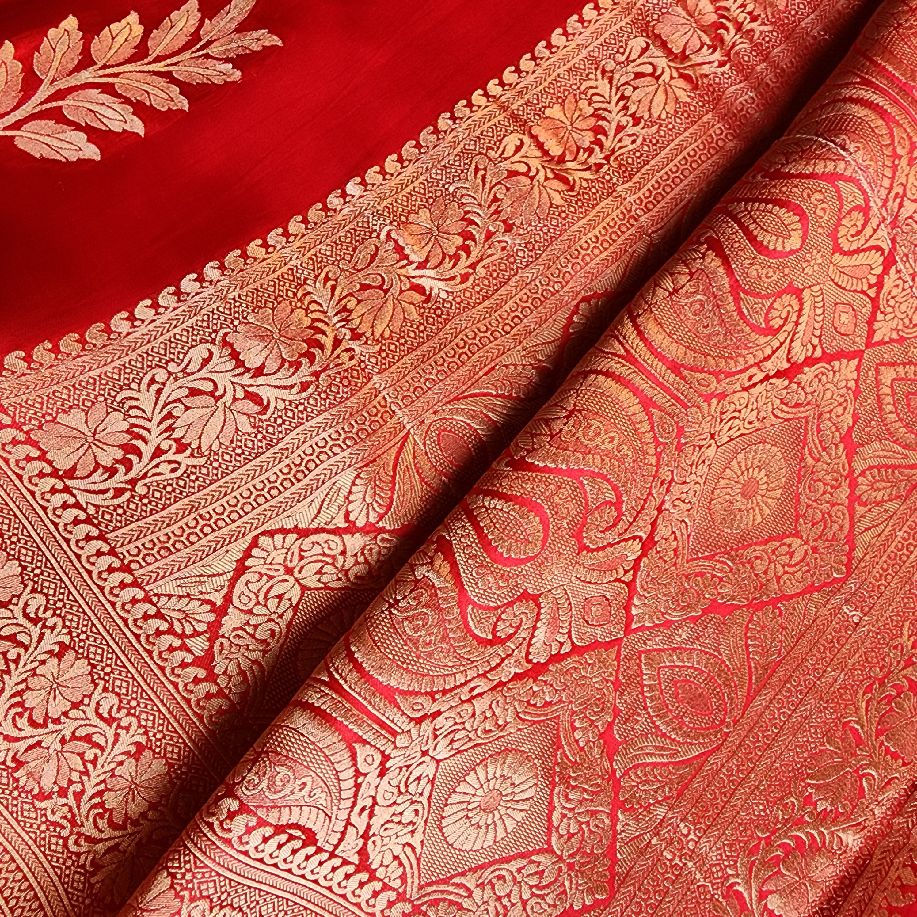 Bright Red Mashru Katan Silk Saree with Gold Weave