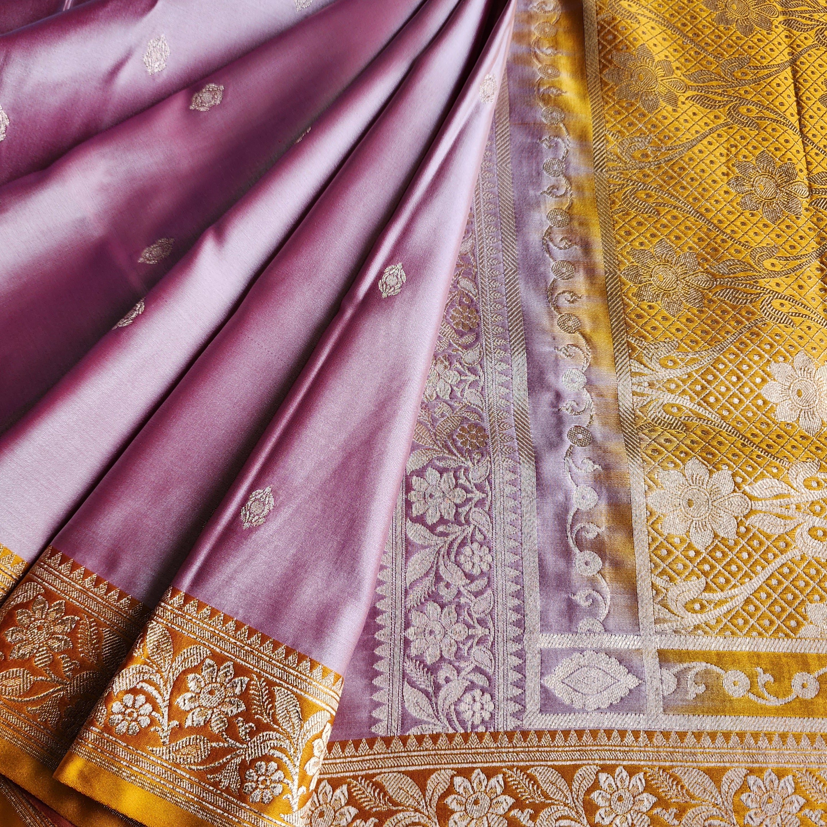 Dusty Rose Pink Katan Silk Saree with Mustard and Gold Zari Border