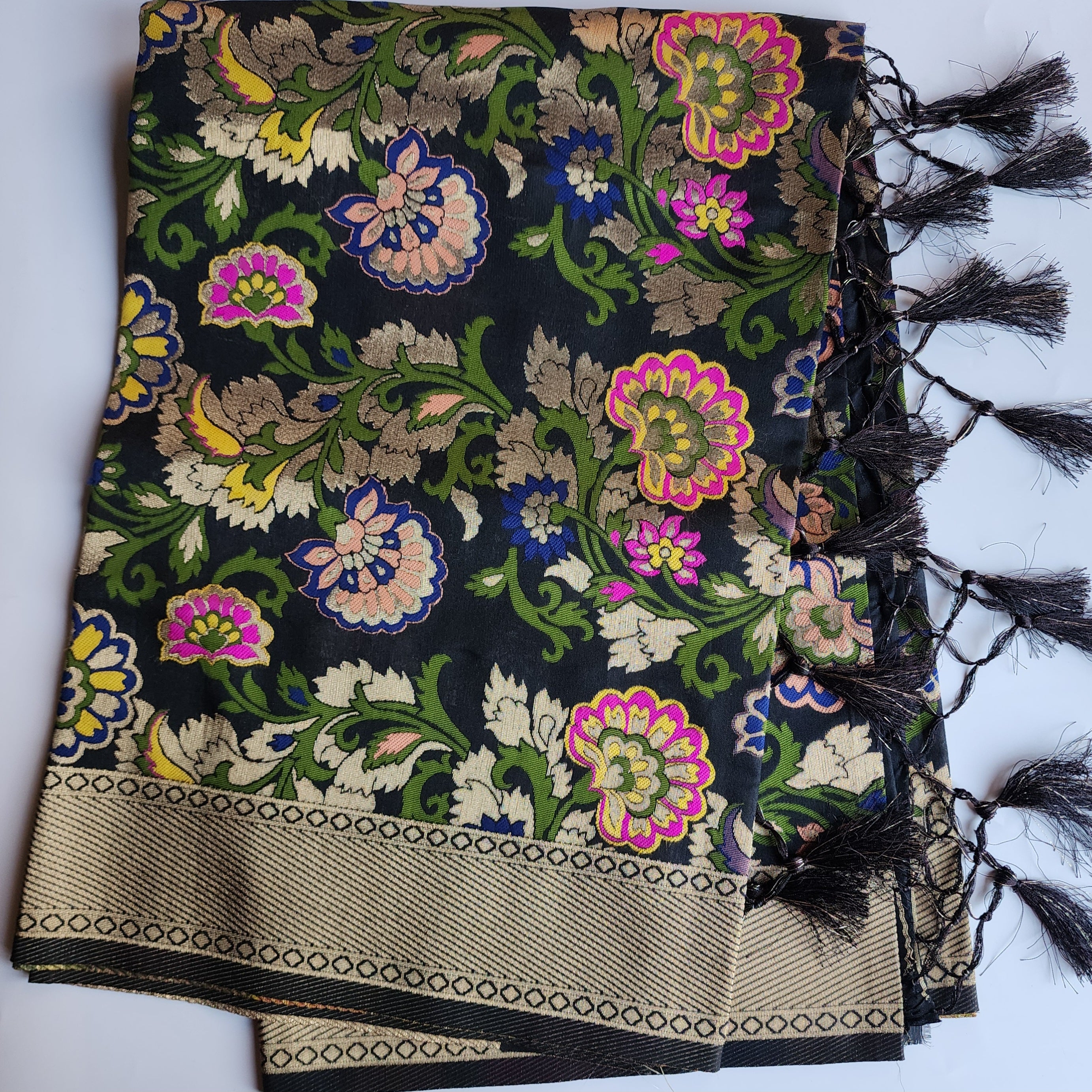 Banarasi Black Dupatta with Multicolor & Gold Floral Handweaving