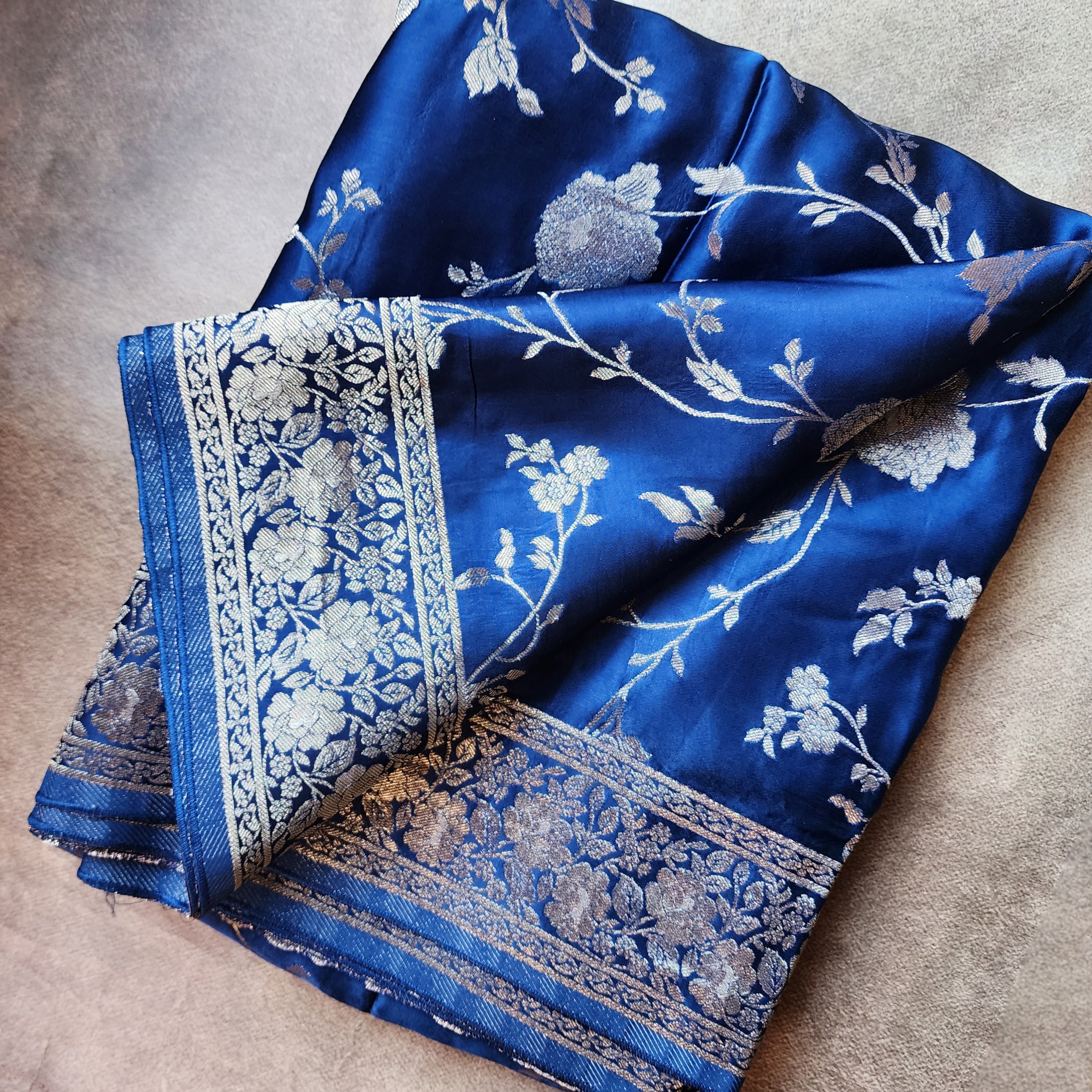 Royal Blue Muslin Silk Saree with Silver Zari Work
