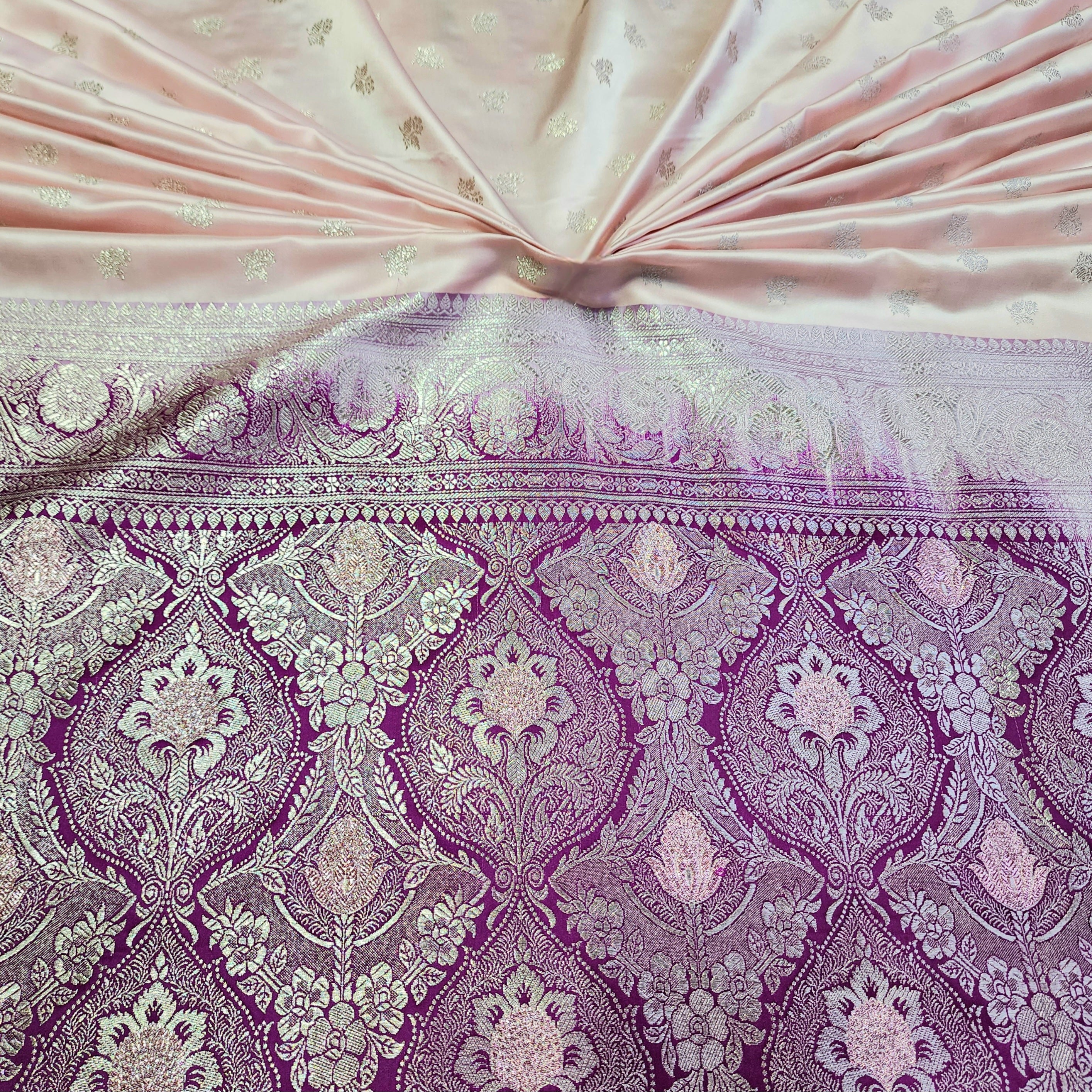 Pastel Pink Pure Banarasi Katan Silk Saree with Magenta Border